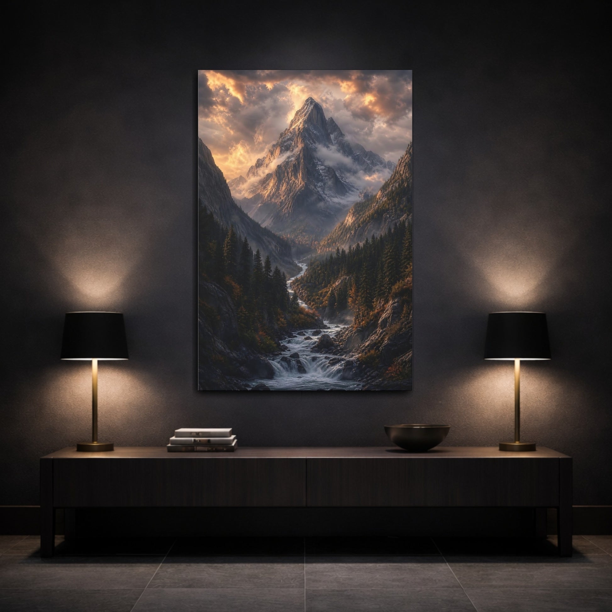 Mockup 3. Nature Mountain Valley Golden Mountain River shown as stretched canvas wall art