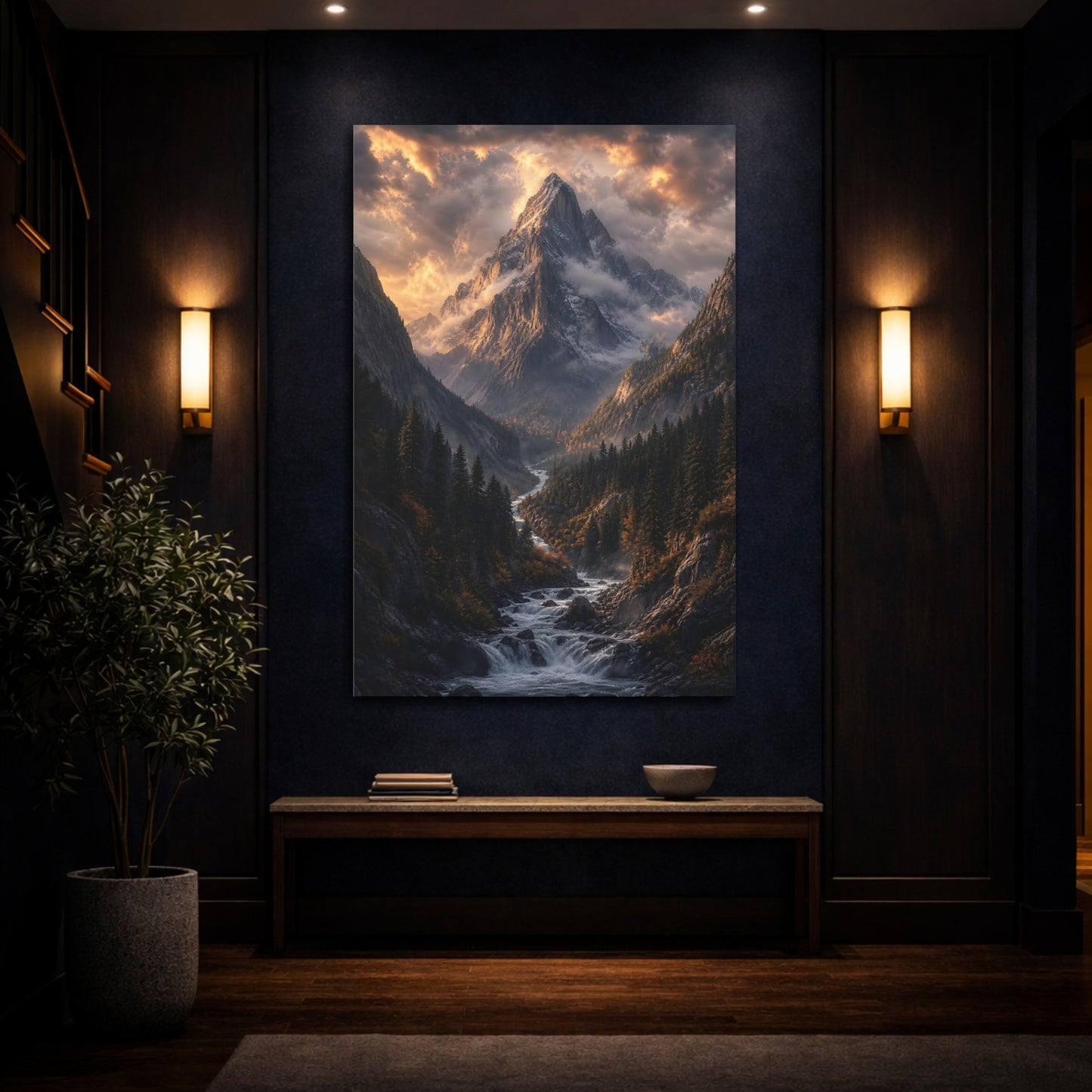 Mockup 4. Nature Mountain Valley Golden Mountain River shown as stretched canvas wall art