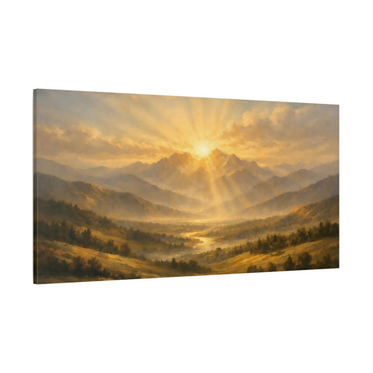 Main Mockup. Nature Mountain Valley Golden Mountain Sunset shown as stretched canvas wall art