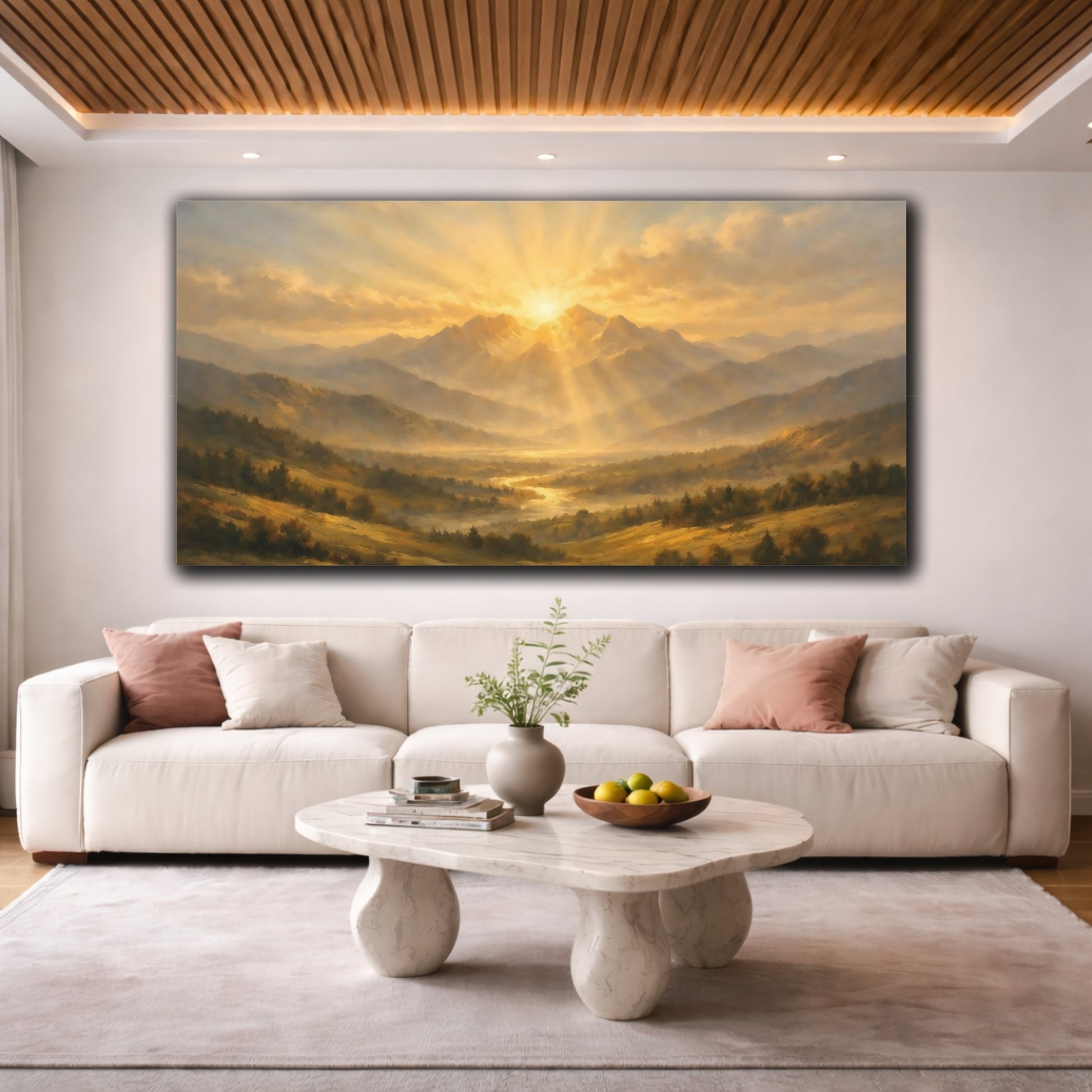 Mockup 3. Nature Mountain Valley Golden Mountain Sunset shown as stretched canvas wall art