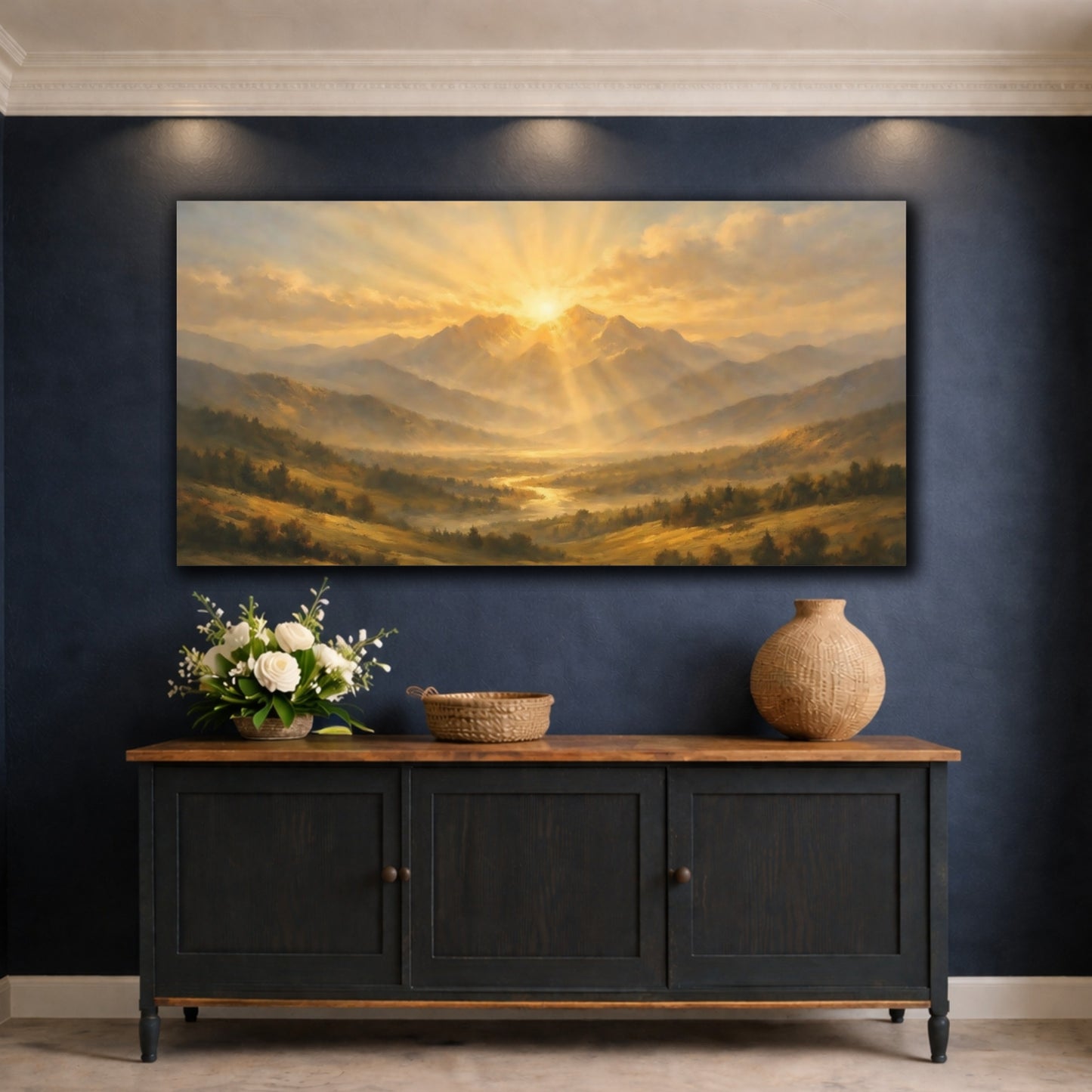 Mockup 4. Nature Mountain Valley Golden Mountain Sunset shown as stretched canvas wall art