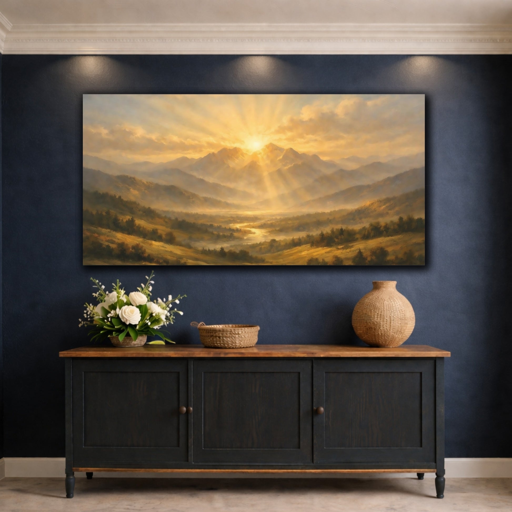 Mockup 4. Nature Mountain Valley Golden Mountain Sunset shown as stretched canvas wall art