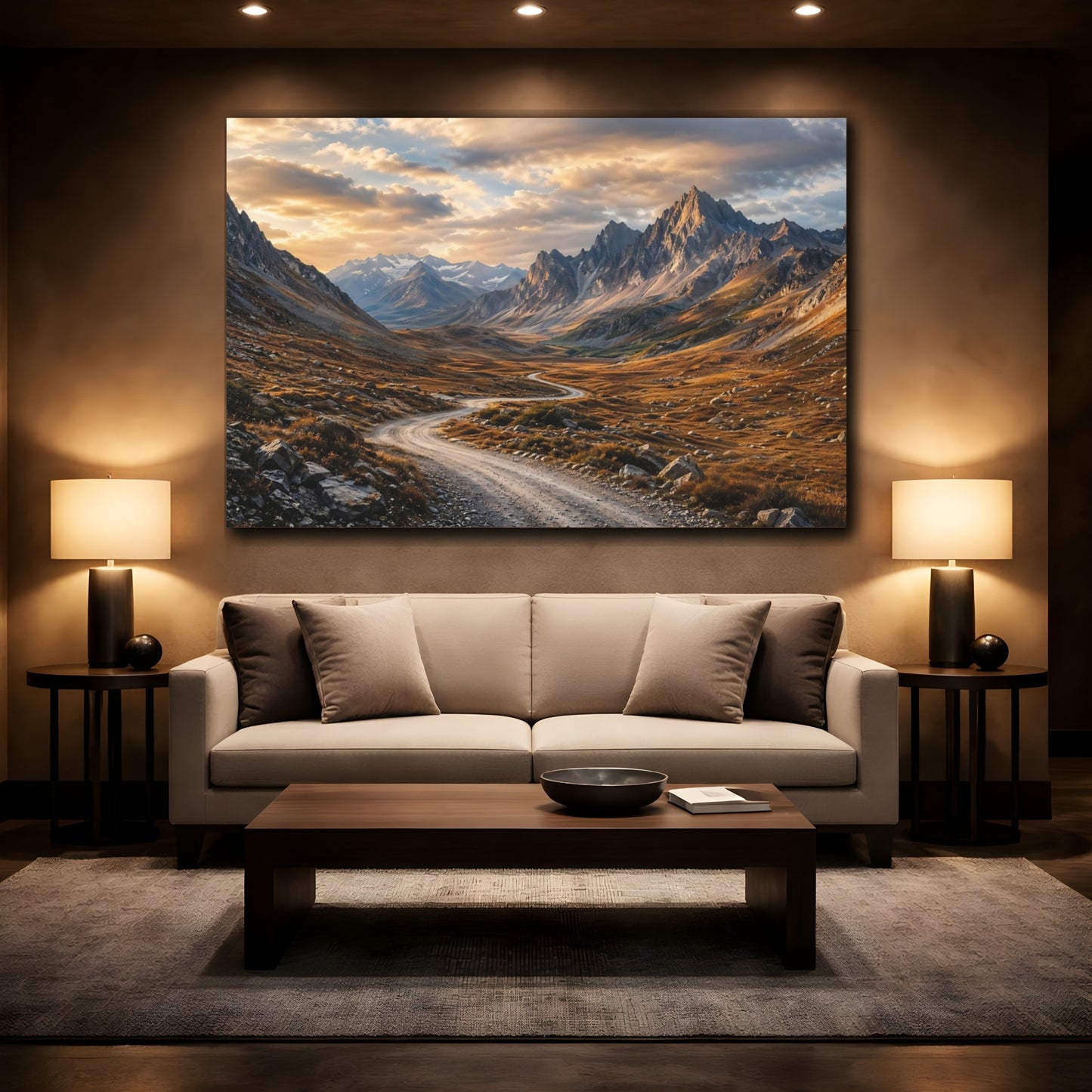 Mockup 2. Nature Mountain Valley Golden Mountain Valley shown as stretched canvas wall art