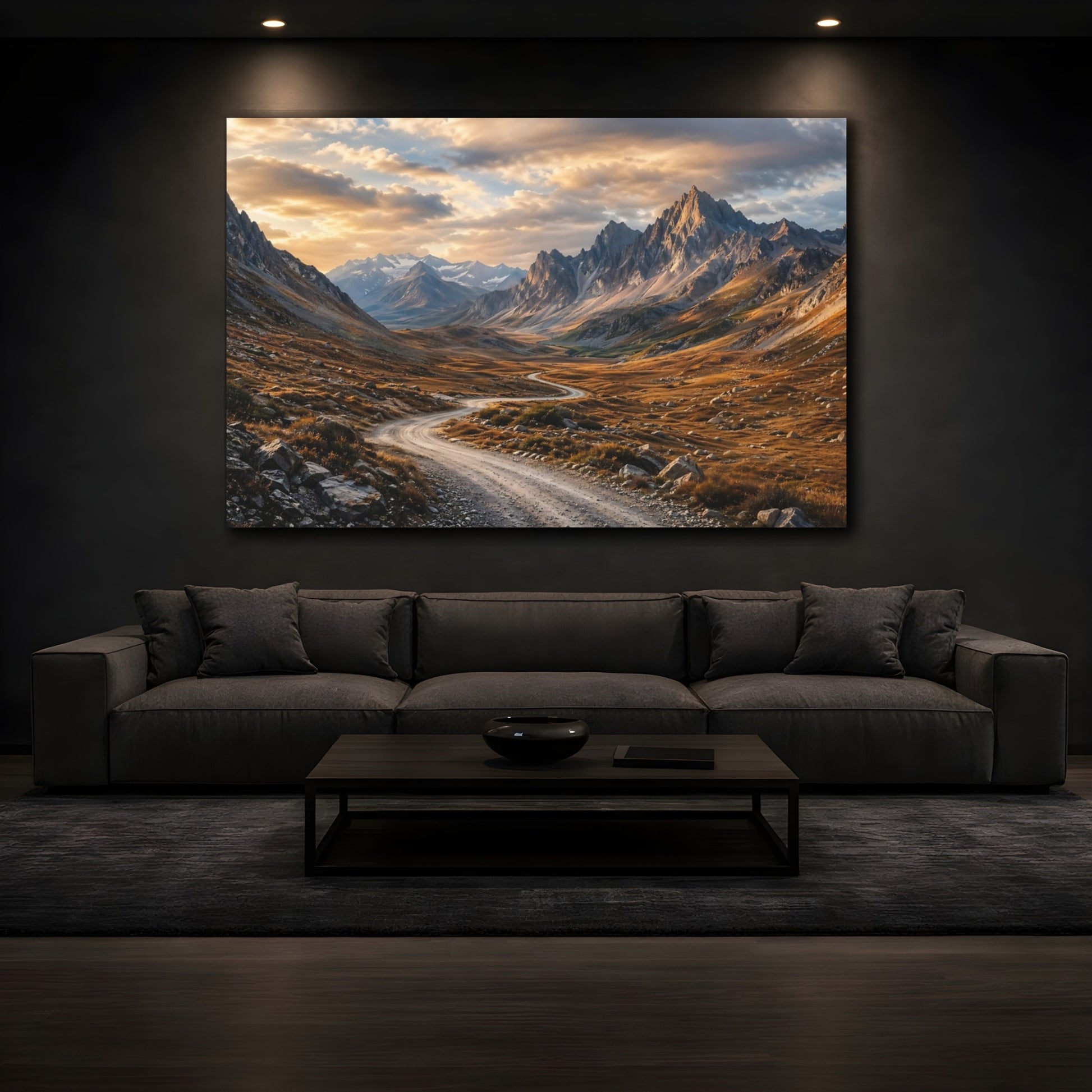 Mockup 3. Nature Mountain Valley Golden Mountain Valley shown as stretched canvas wall art