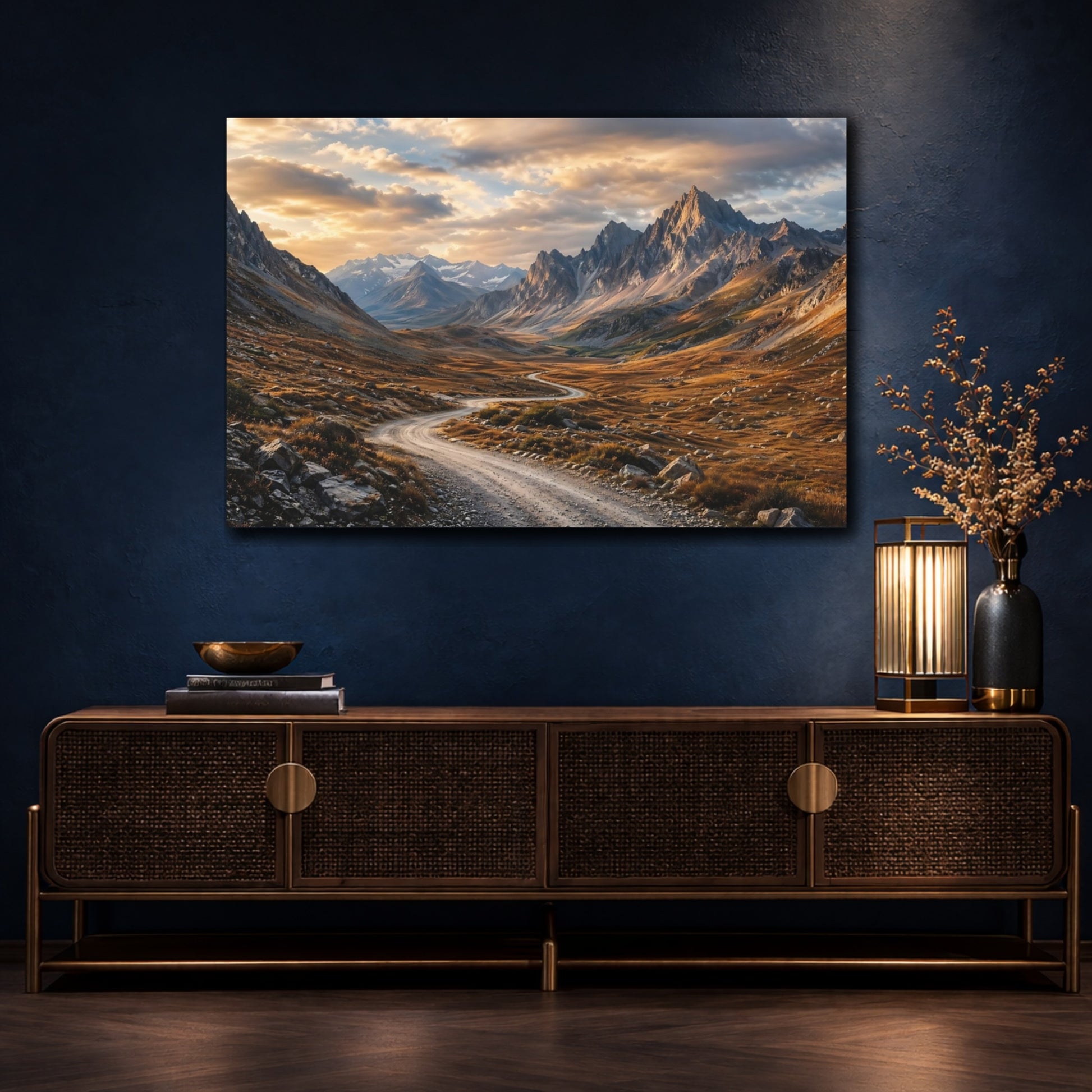 Mockup 4. Nature Mountain Valley Golden Mountain Valley shown as stretched canvas wall art