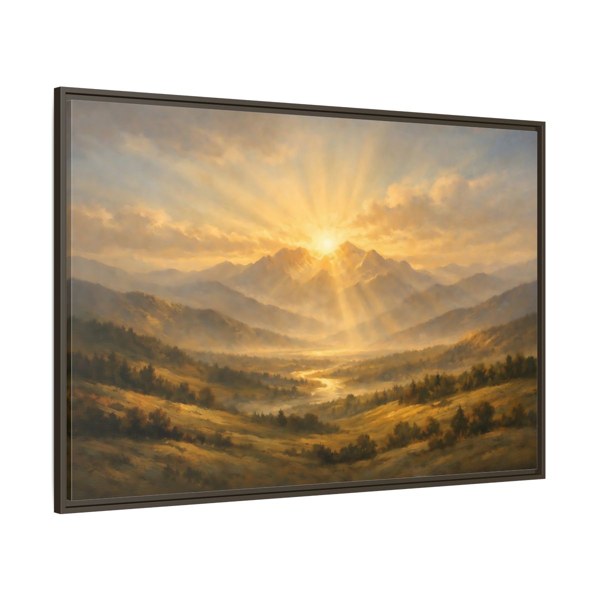 Main Mockup. Nature Mountain Valley Golden Mountain View shown as stretched canvas wall art