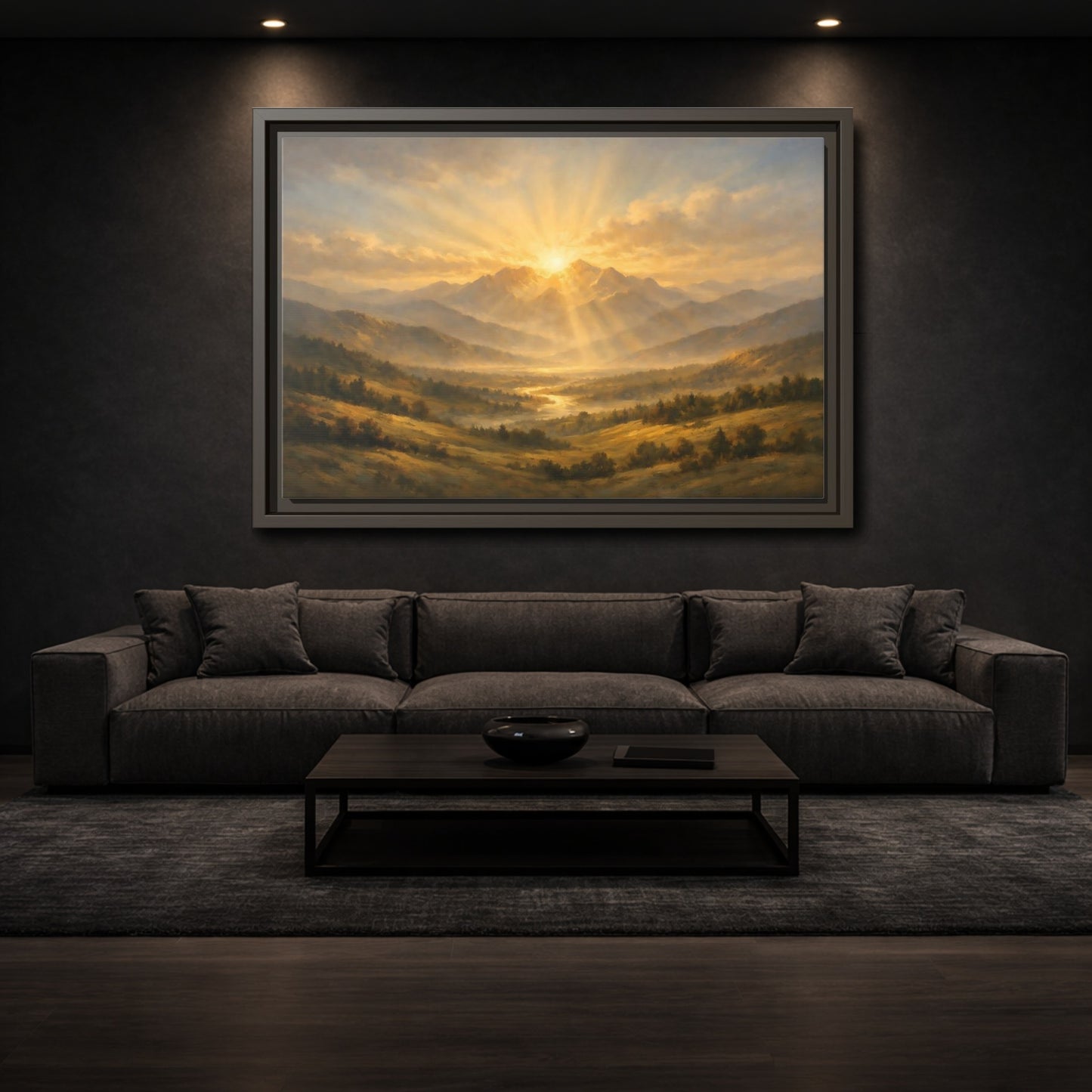 Mockup 2. Nature Mountain Valley Golden Mountain View shown as stretched canvas wall art