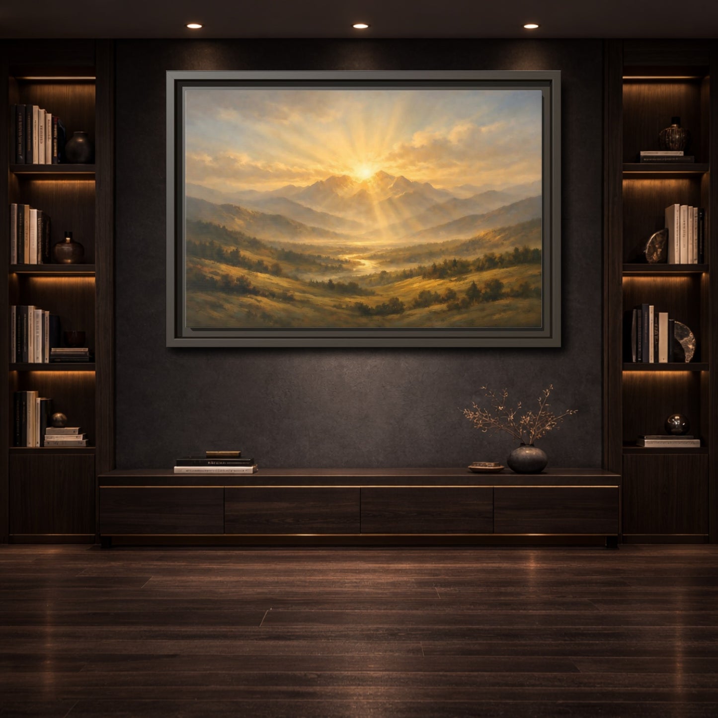 Mockup 3. Nature Mountain Valley Golden Mountain View shown as stretched canvas wall art