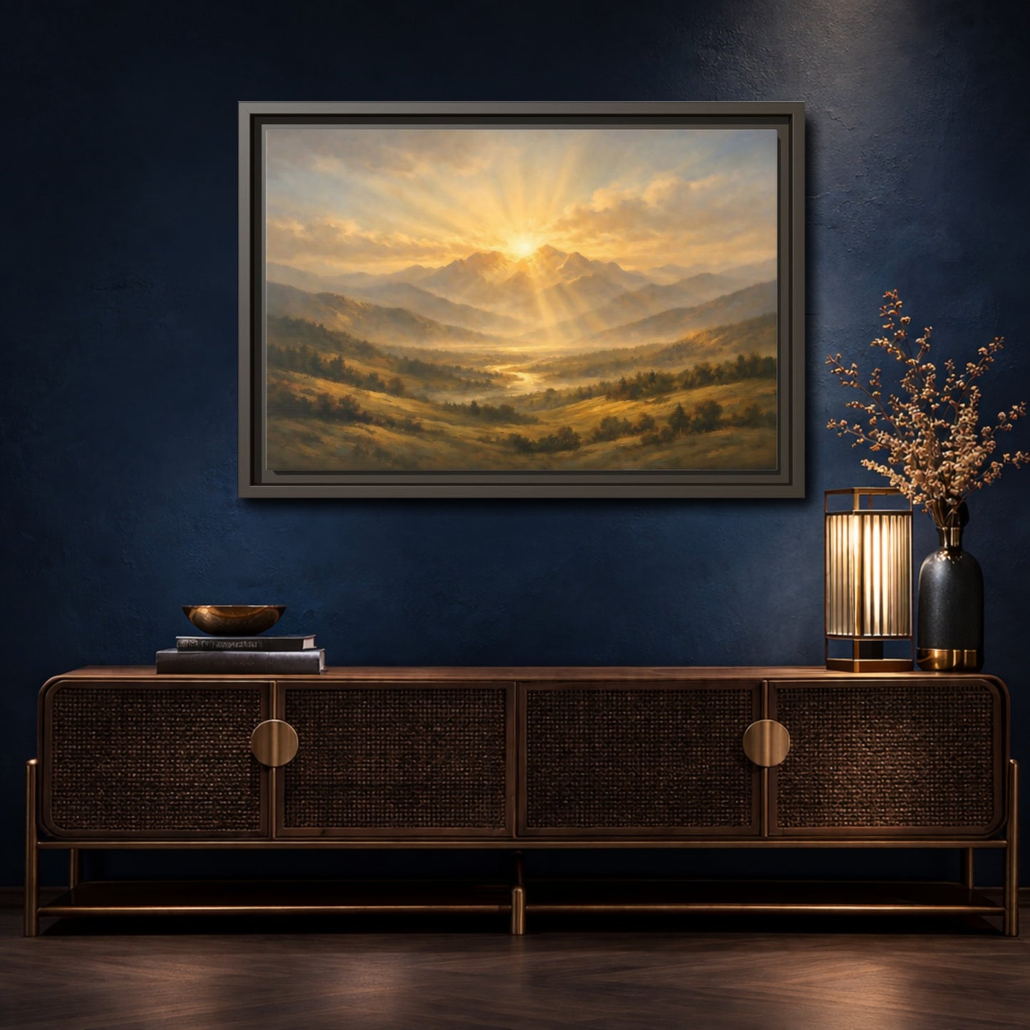 Mockup 4. Nature Mountain Valley Golden Mountain View shown as stretched canvas wall art