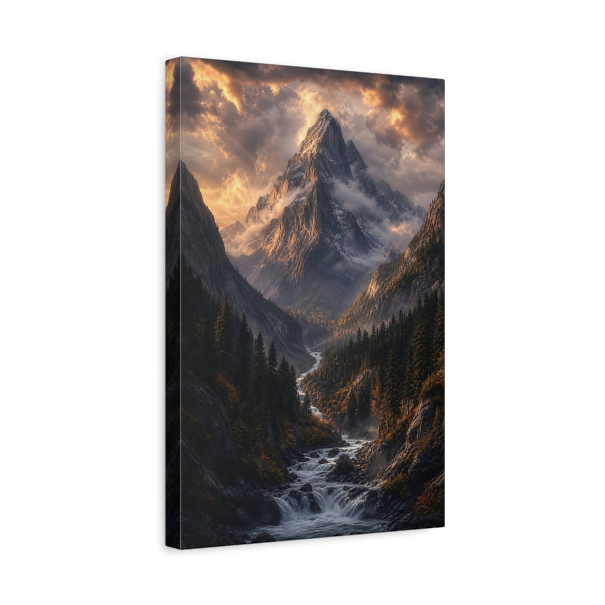 Side Mockup 4. Nature Mountain Valley Golden Mountain River shown as stretched canvas wall art