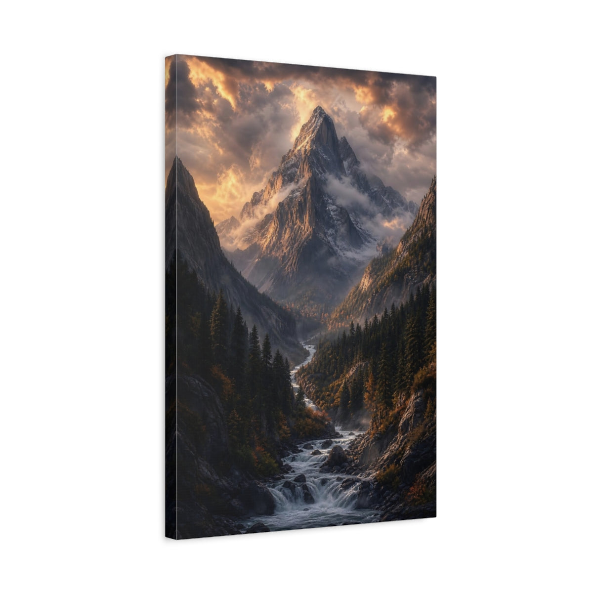 Side Mockup 3. Nature Mountain Valley Golden Mountain River shown as stretched canvas wall art