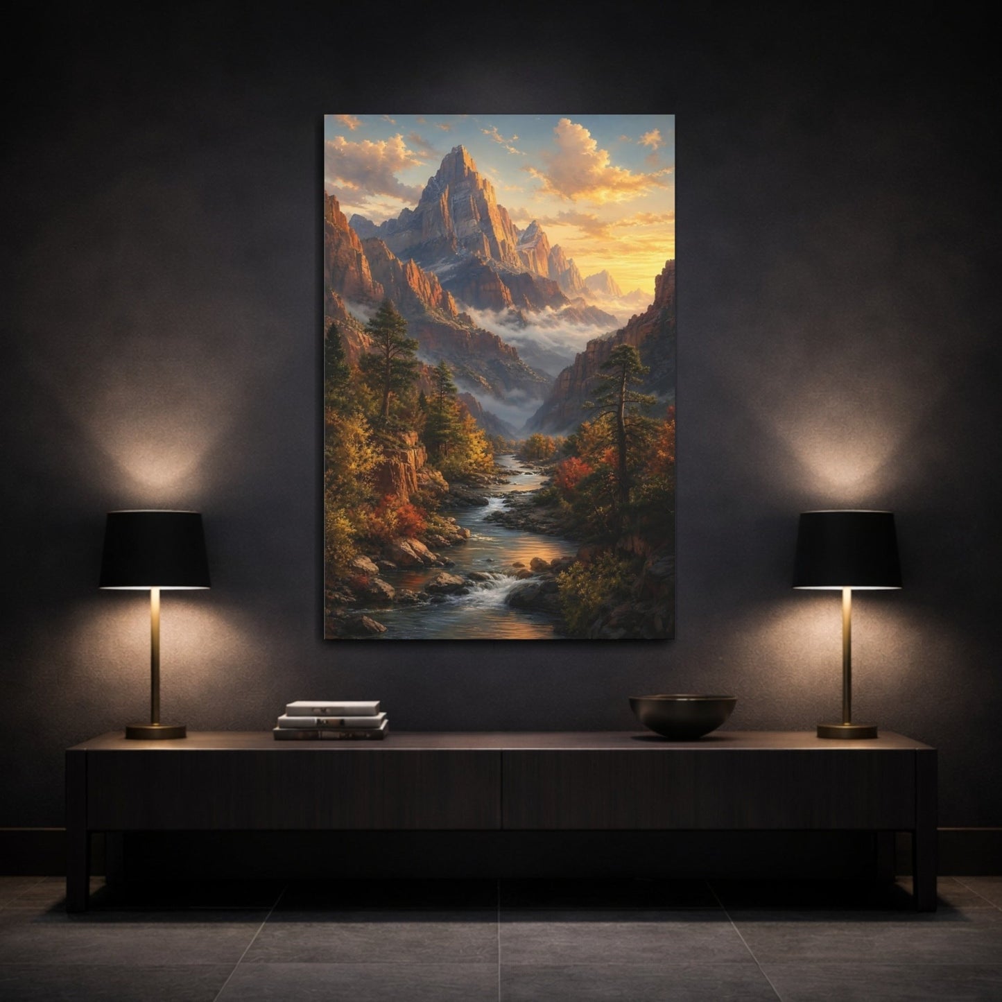 Nature Mountain Valley Golden River Canvas Wall Art Print – Realistic Living Room, Large - YesArtYes