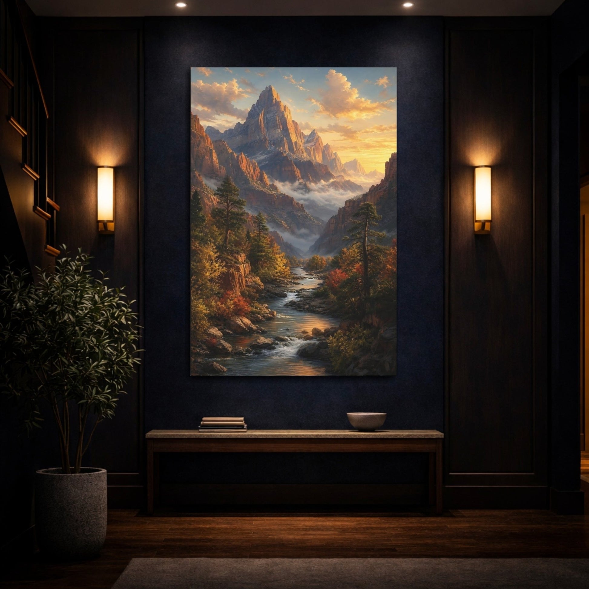 Nature Mountain Valley Golden River Canvas Wall Art Print – Realistic Living Room, Large - YesArtYes