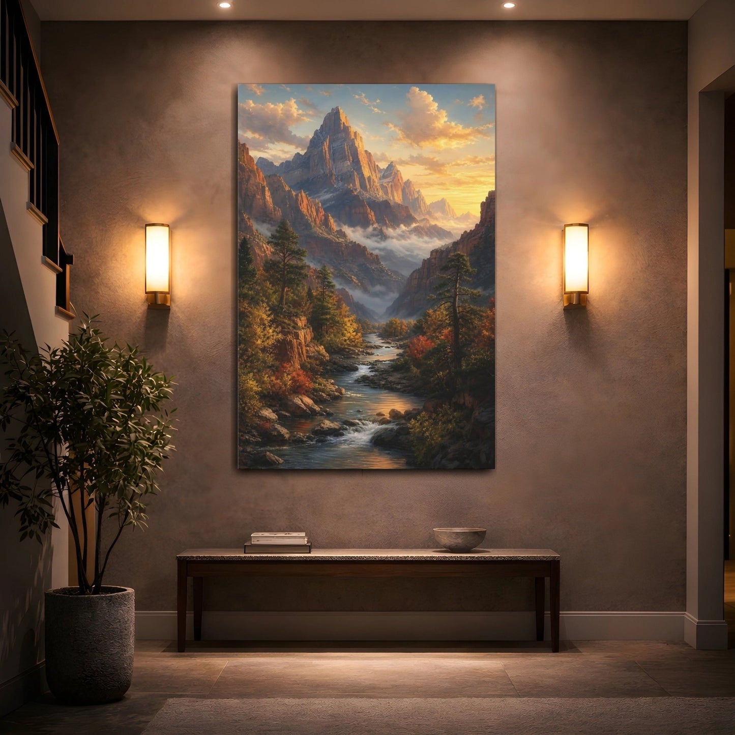 Nature Mountain Valley Golden River Canvas Wall Art Print – Realistic Living Room, Large - YesArtYes