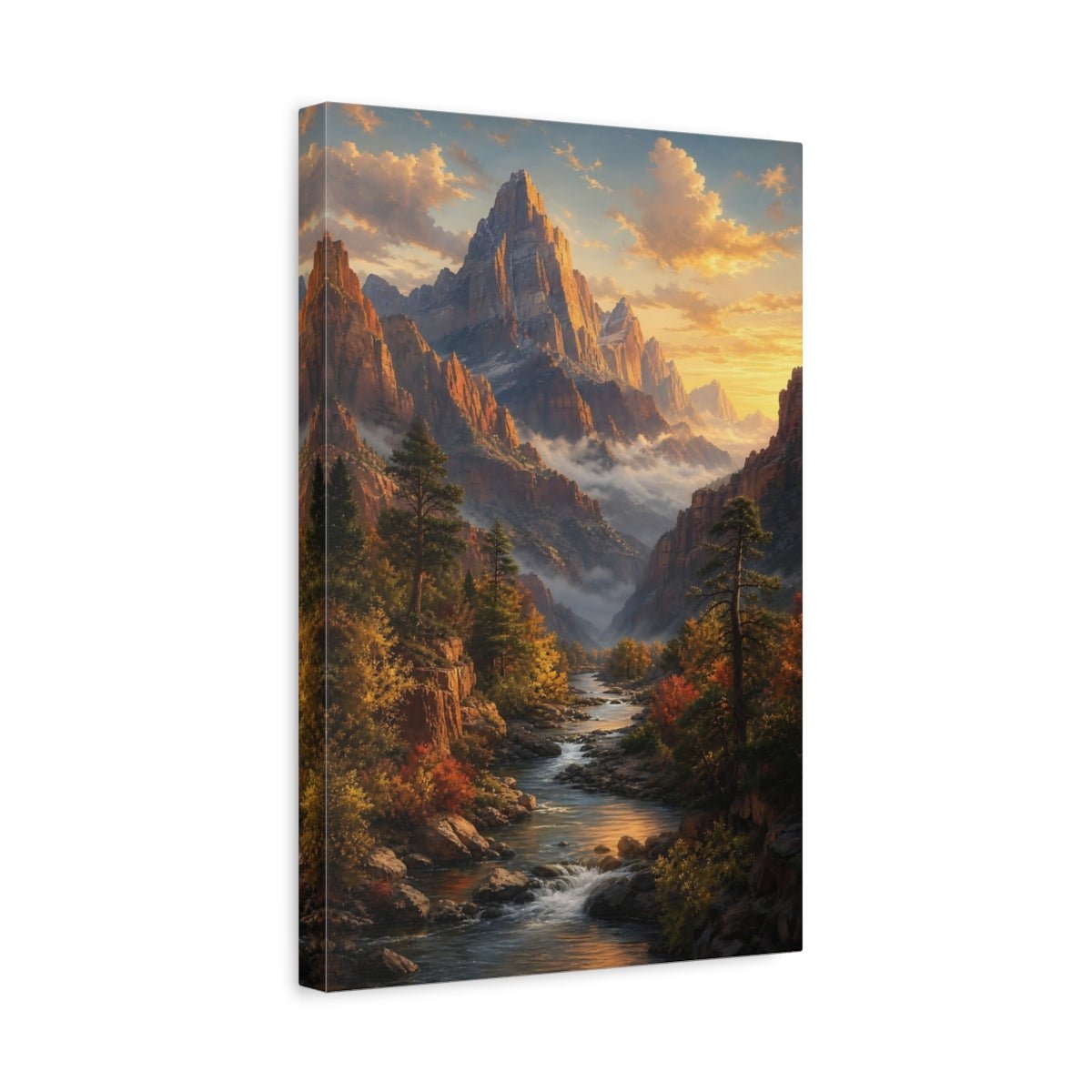 Nature Mountain Valley Golden River Canvas Wall Art Print – Realistic Living Room, Large - YesArtYes