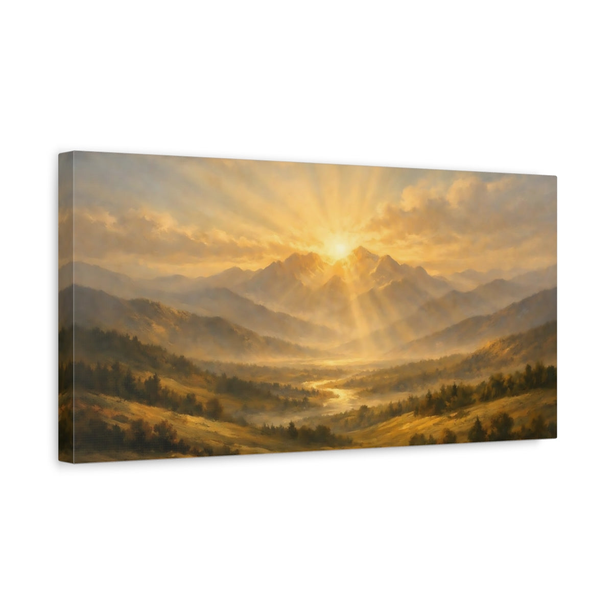 Side Mockup 3. Nature Mountain Valley Golden Mountain Sunset shown as stretched canvas wall art