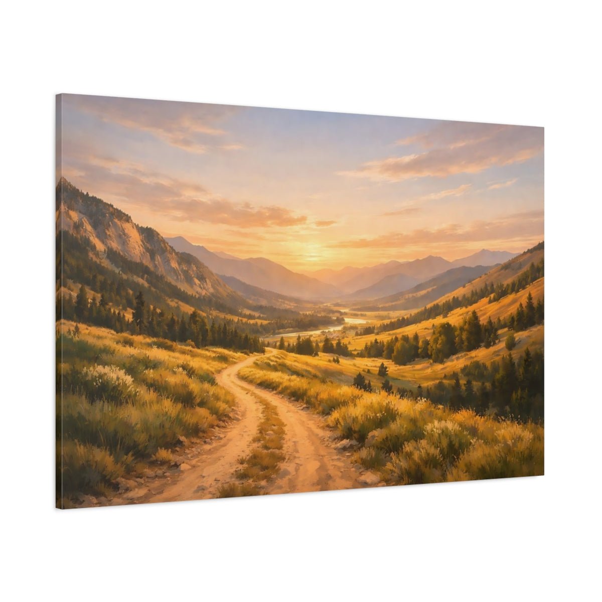 Nature Mountain Valley Golden Sunset Landscape - Canvas Wall Art Print - YesArtYes