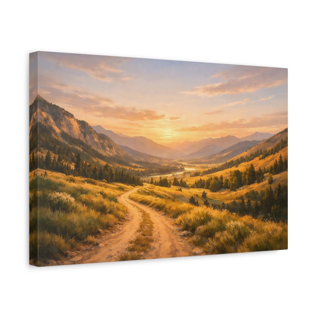 Nature Mountain Valley Golden Sunset Landscape - Canvas Wall Art Print - YesArtYes