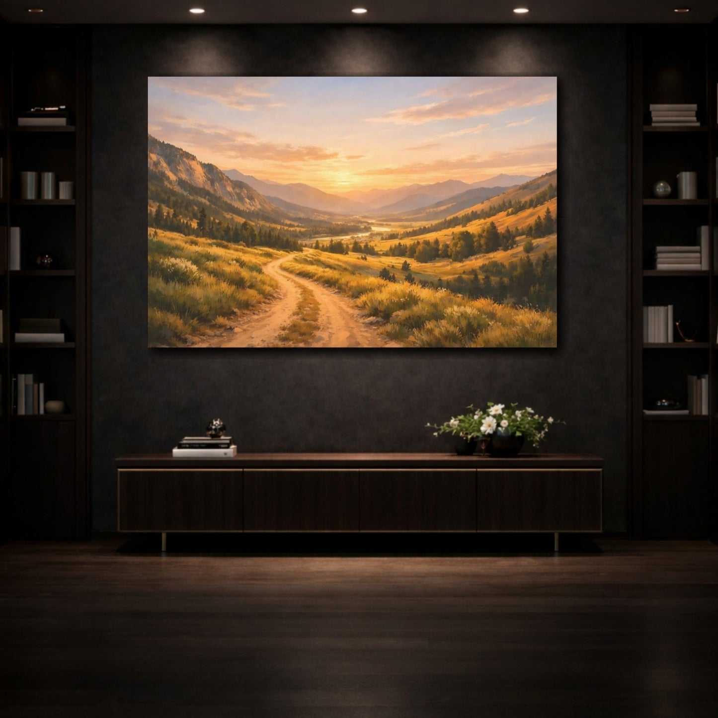Nature Mountain Valley Golden Sunset Landscape - Canvas Wall Art Print - YesArtYes