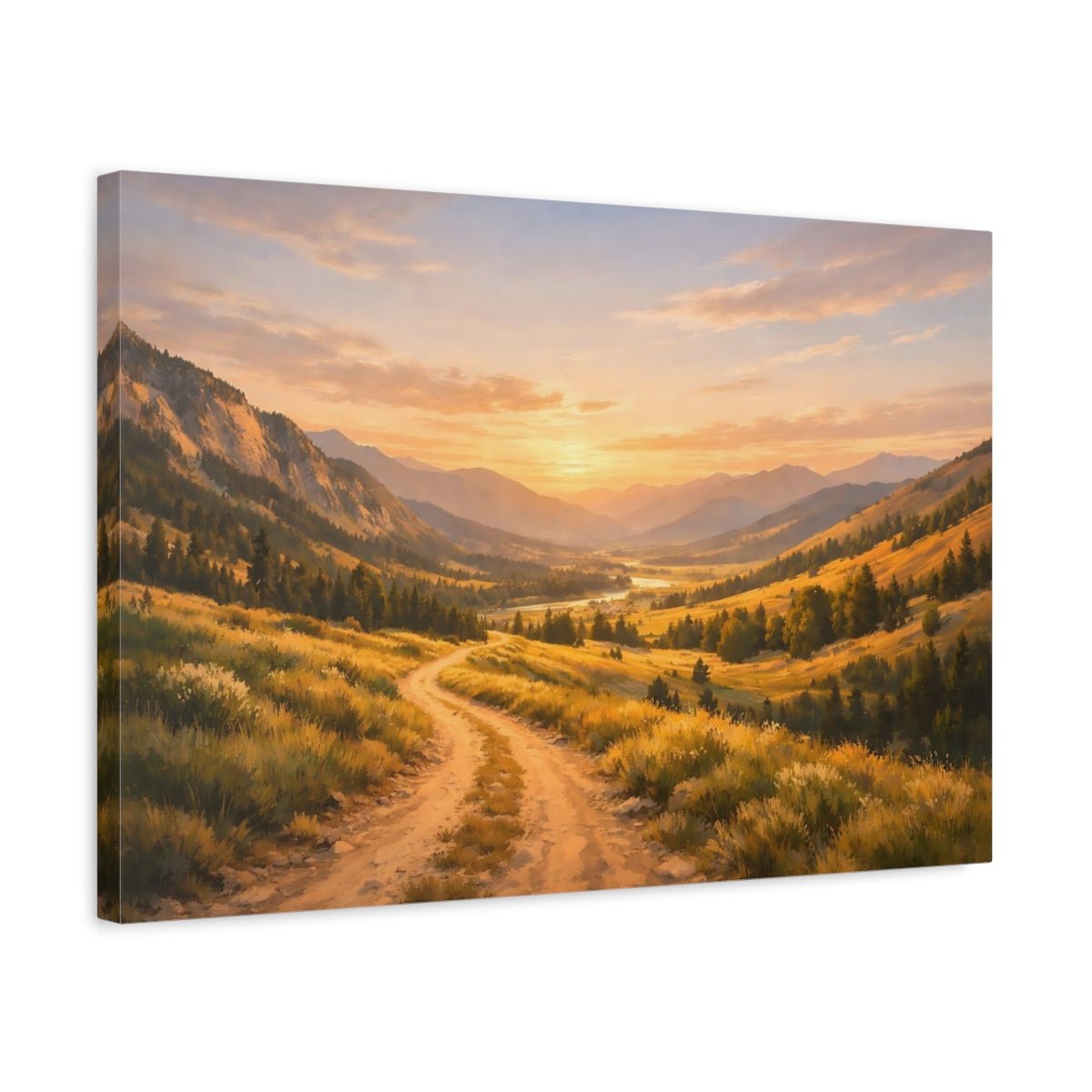 Nature Mountain Valley Golden Sunset Landscape - Canvas Wall Art Print - YesArtYes