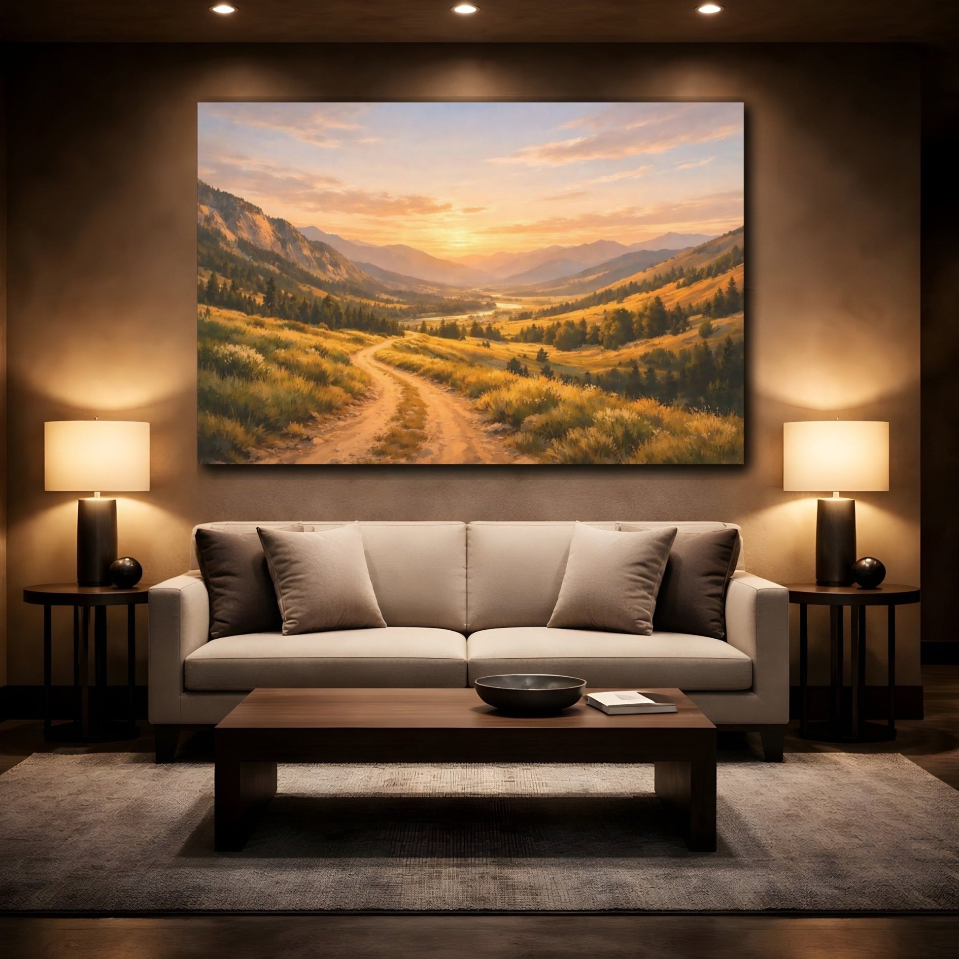 Nature Mountain Valley Golden Sunset Landscape - Canvas Wall Art Print - YesArtYes