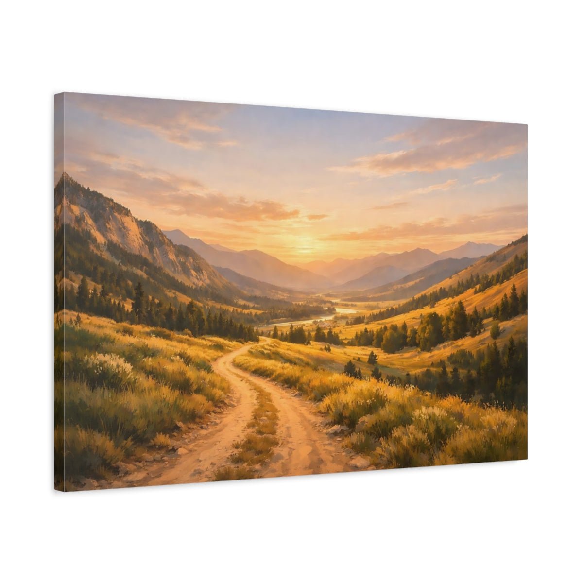 Nature Mountain Valley Golden Sunset Landscape - Canvas Wall Art Print - YesArtYes