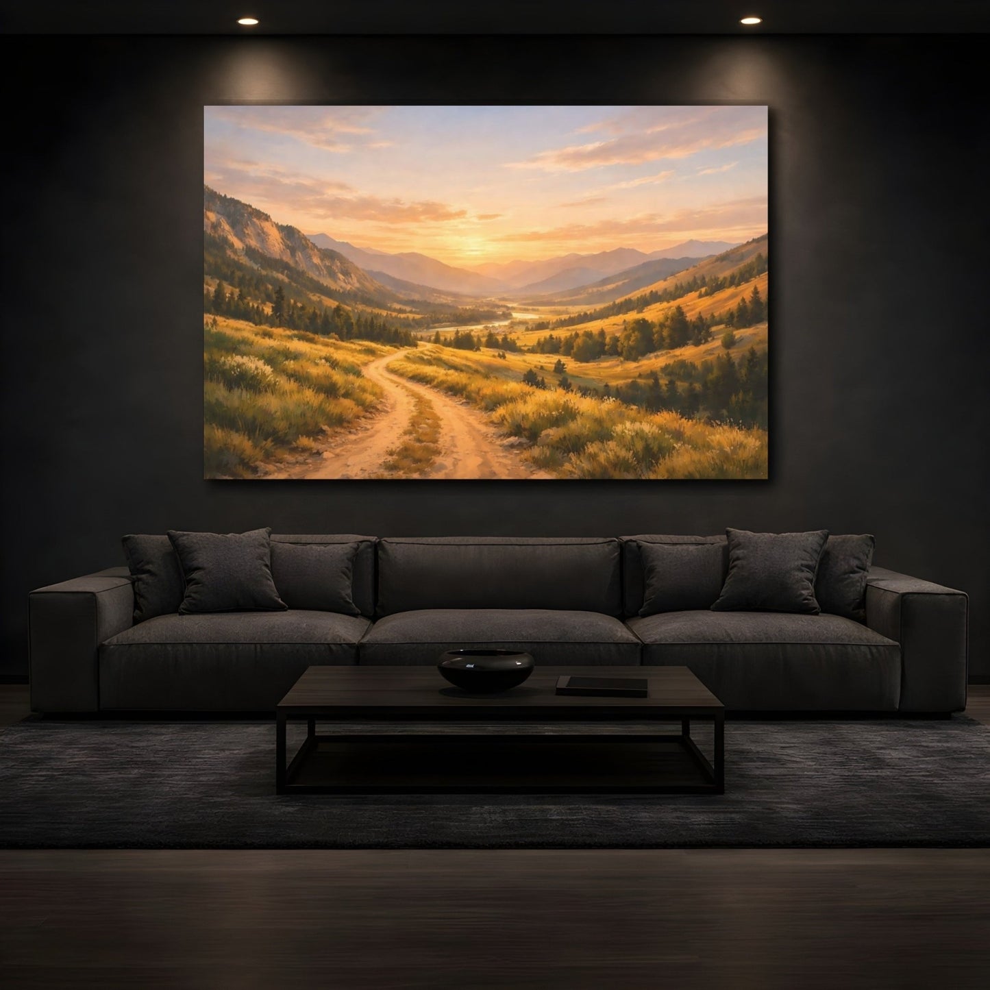 Nature Mountain Valley Golden Sunset Landscape - Canvas Wall Art Print - YesArtYes