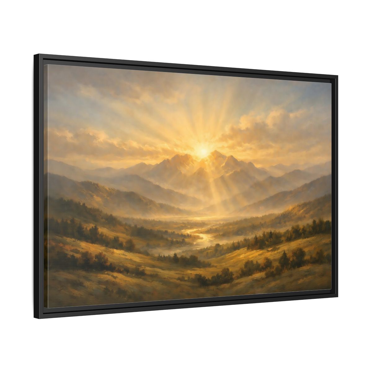 Side Mockup 13. Nature Mountain Valley Golden Mountain View shown as stretched canvas wall art