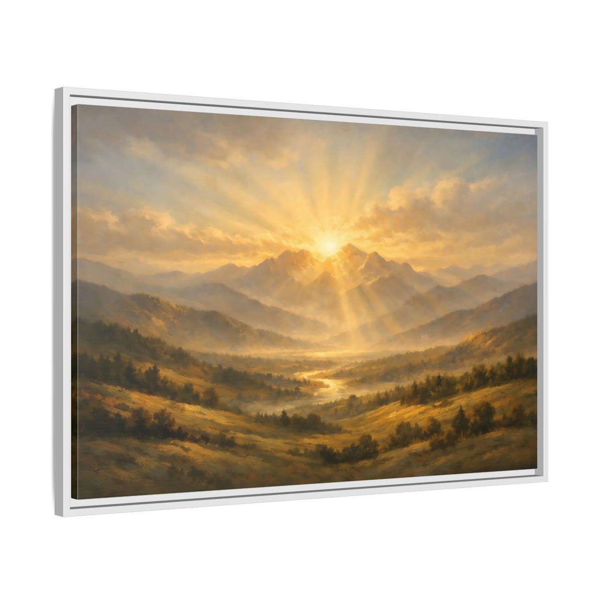 Side Mockup 8. Nature Mountain Valley Golden Mountain View shown as stretched canvas wall art