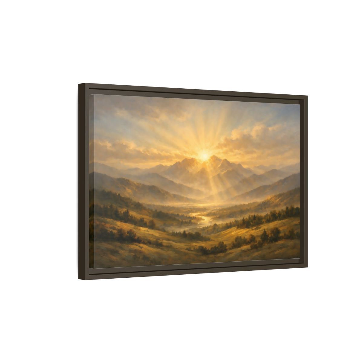 Side Mockup 2. Nature Mountain Valley Golden Mountain View shown as stretched canvas wall art