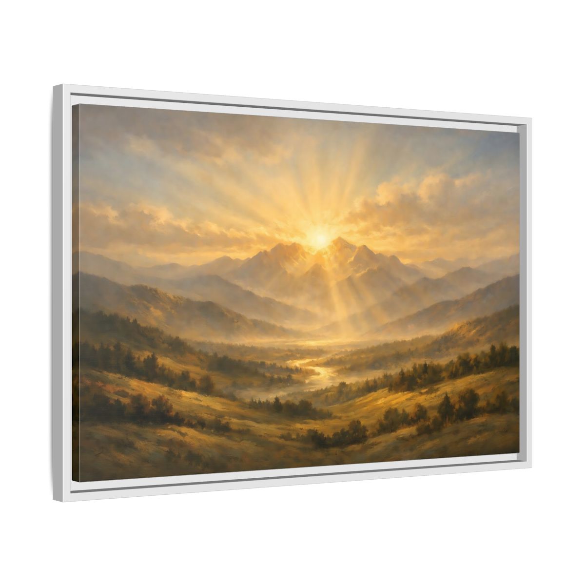 Side Mockup 10. Nature Mountain Valley Golden Mountain View shown as stretched canvas wall art