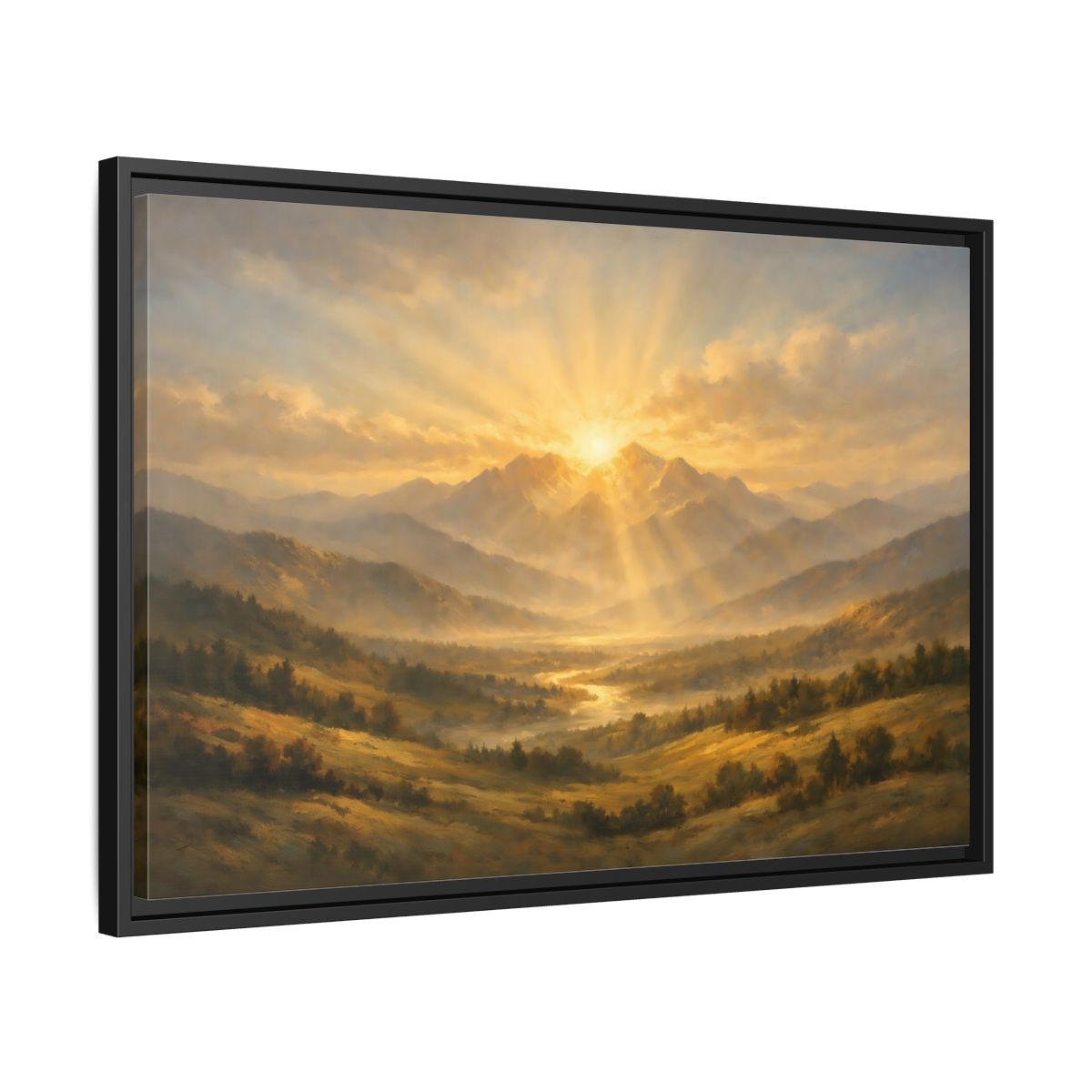 Side Mockup 14. Nature Mountain Valley Golden Mountain View shown as stretched canvas wall art