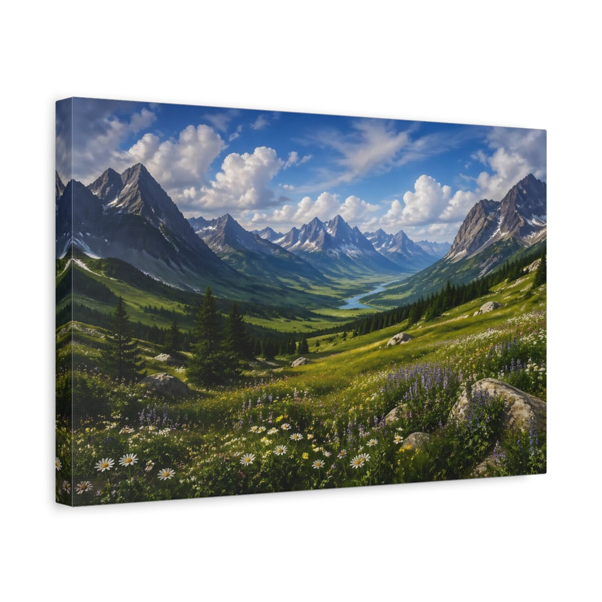 Side Mockup 4. Nature Mountain Valley Green Mountain Valley shown as stretched canvas wall art