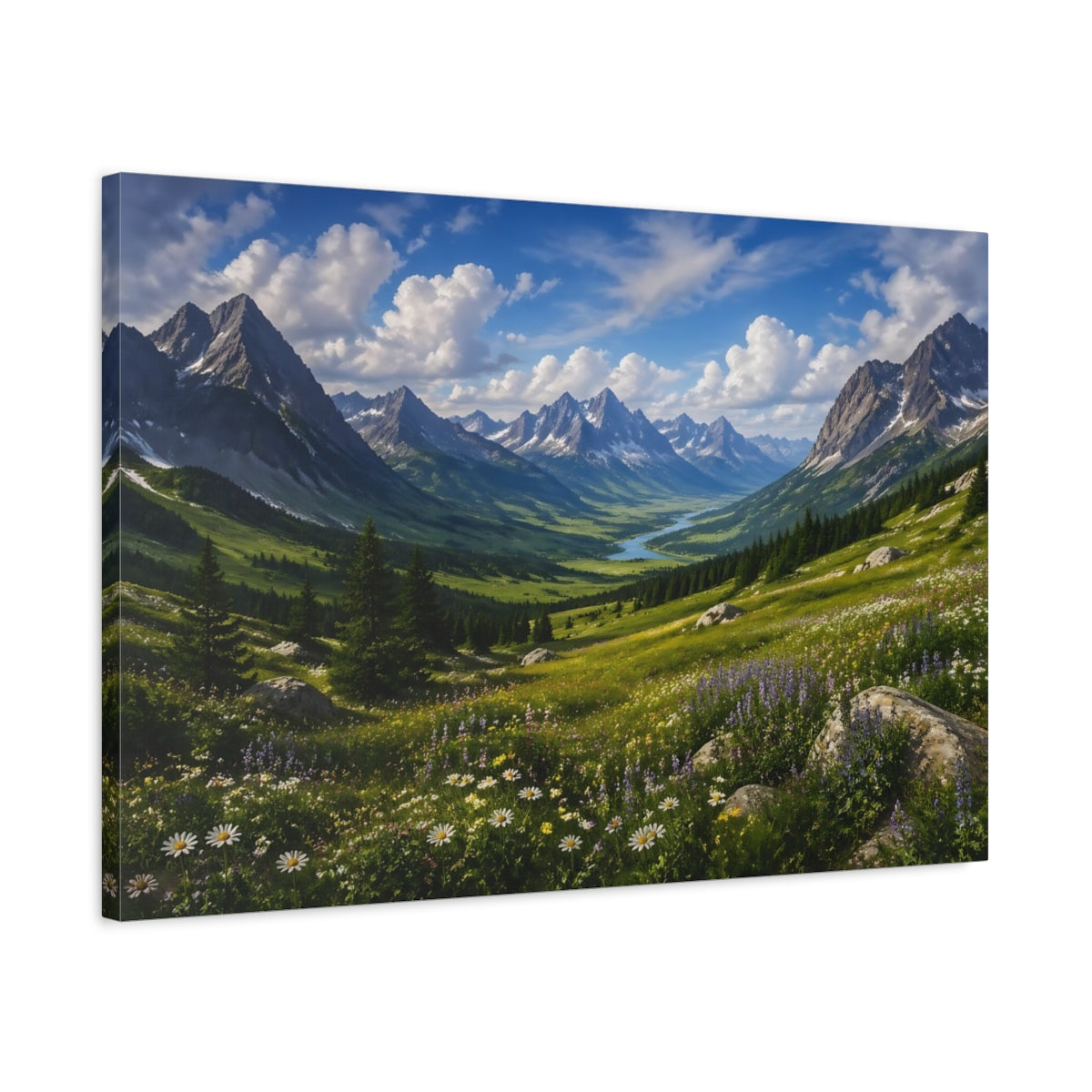 Side Mockup 2. Nature Mountain Valley Green Mountain Valley shown as stretched canvas wall art