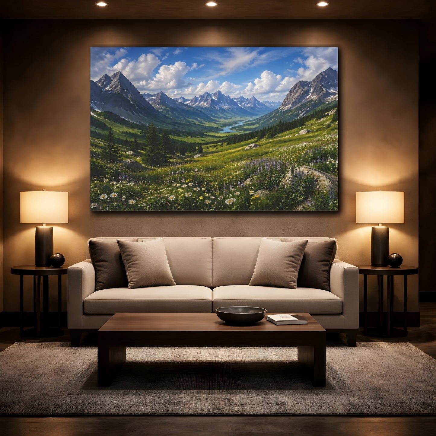 Mockup 2. Nature Mountain Valley Green Mountain Valley shown as stretched canvas wall art
