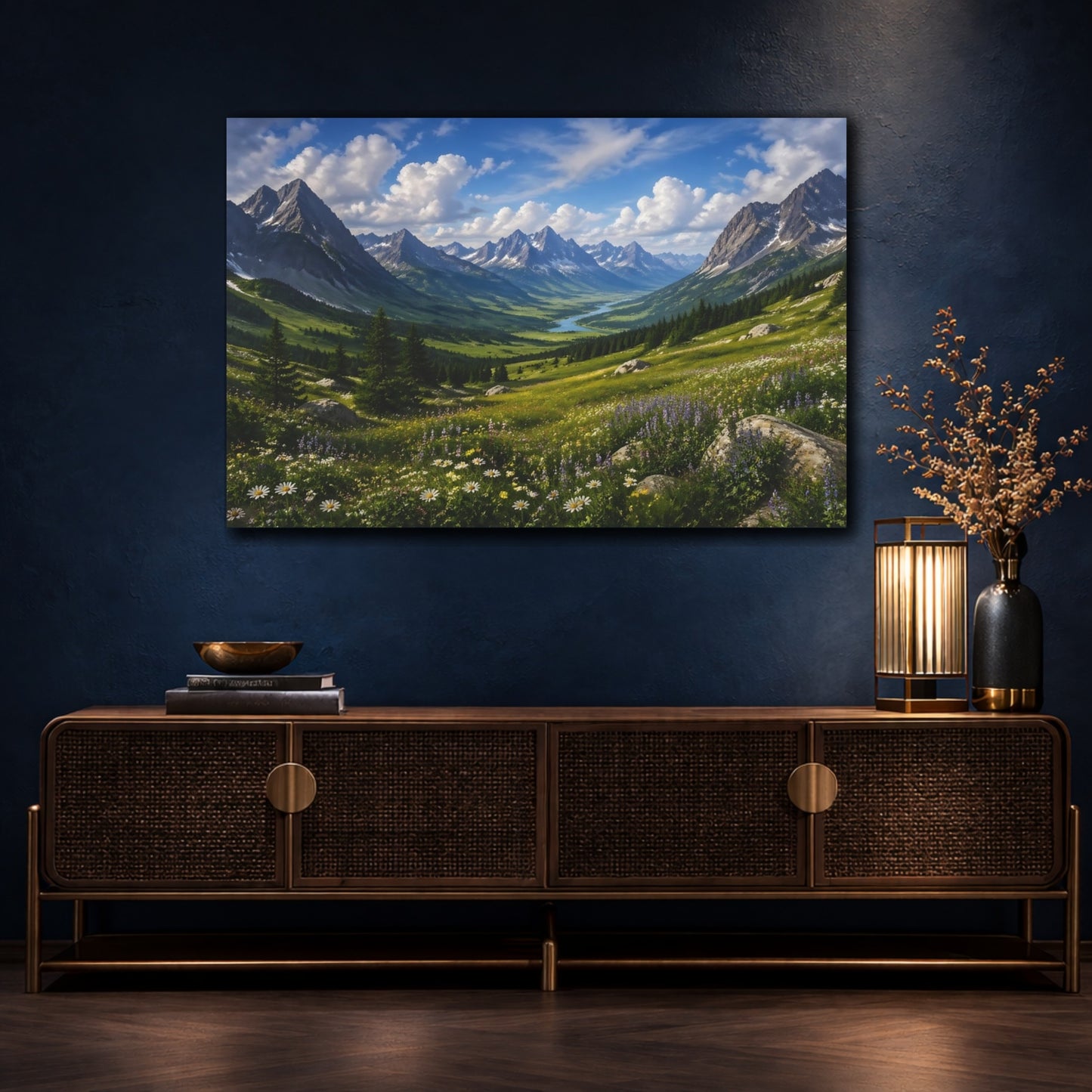 Mockup 4. Nature Mountain Valley Green Mountain Valley shown as stretched canvas wall art