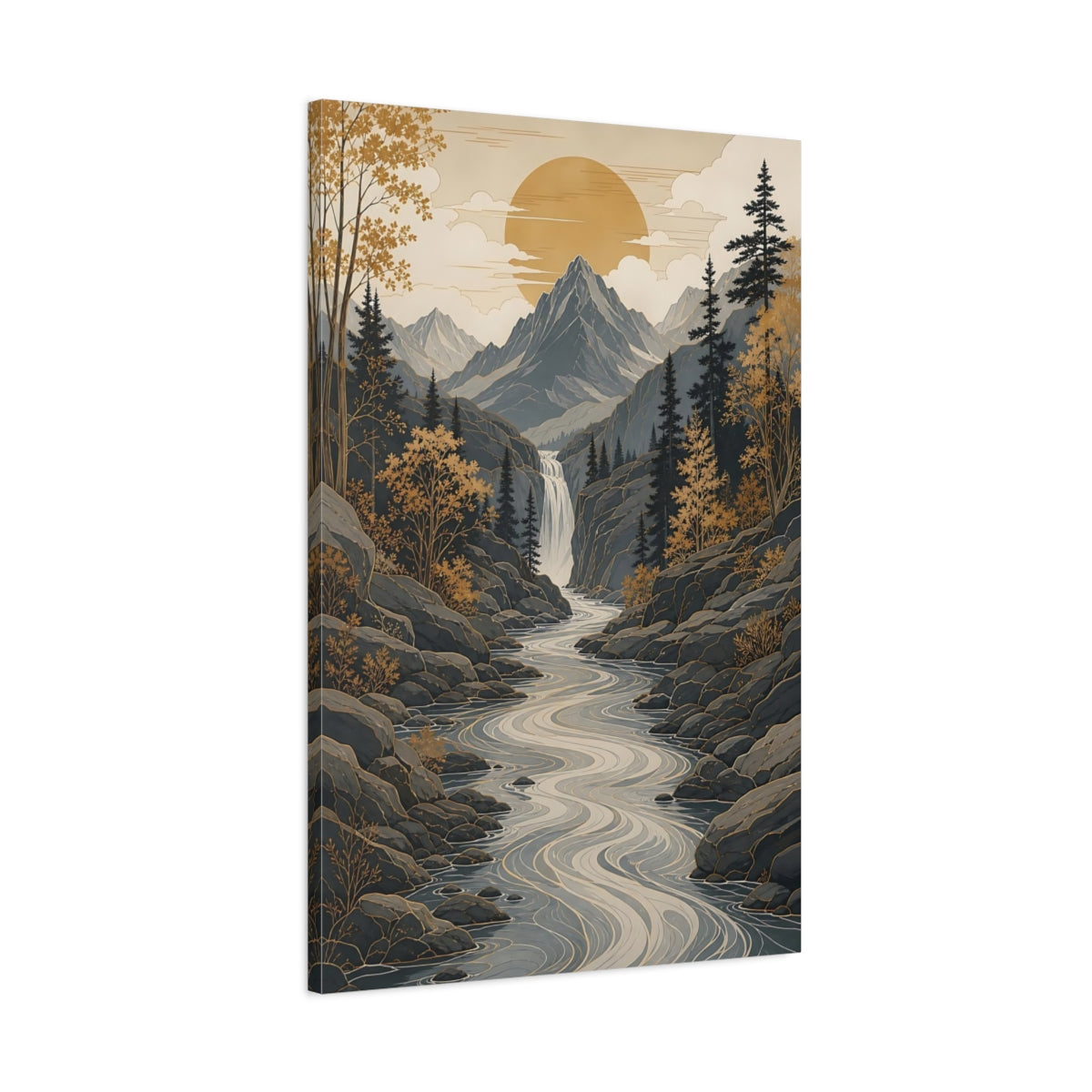 Main Mockup. Nature Mountain Valley Grey Gold Landscape shown as stretched canvas wall art
