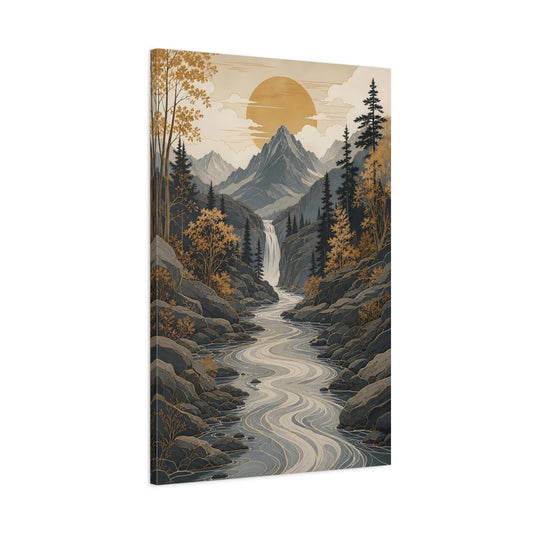 Main Mockup. Nature Mountain Valley Grey Gold Landscape shown as stretched canvas wall art