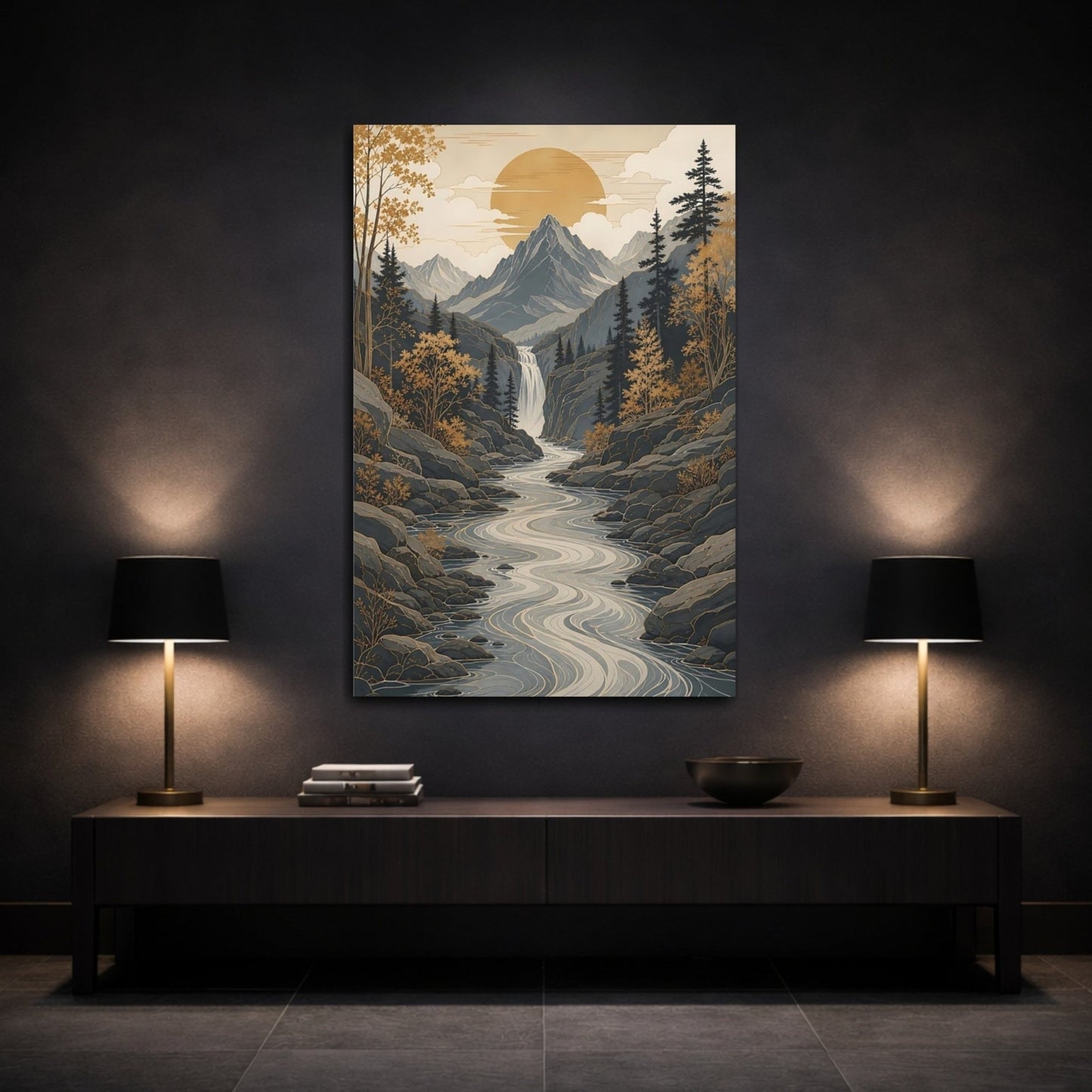 Nature Mountain Valley Grey Gold Landscape Canvas Wall Art Print – modern Living Room, Above Console Table - YesArtYes