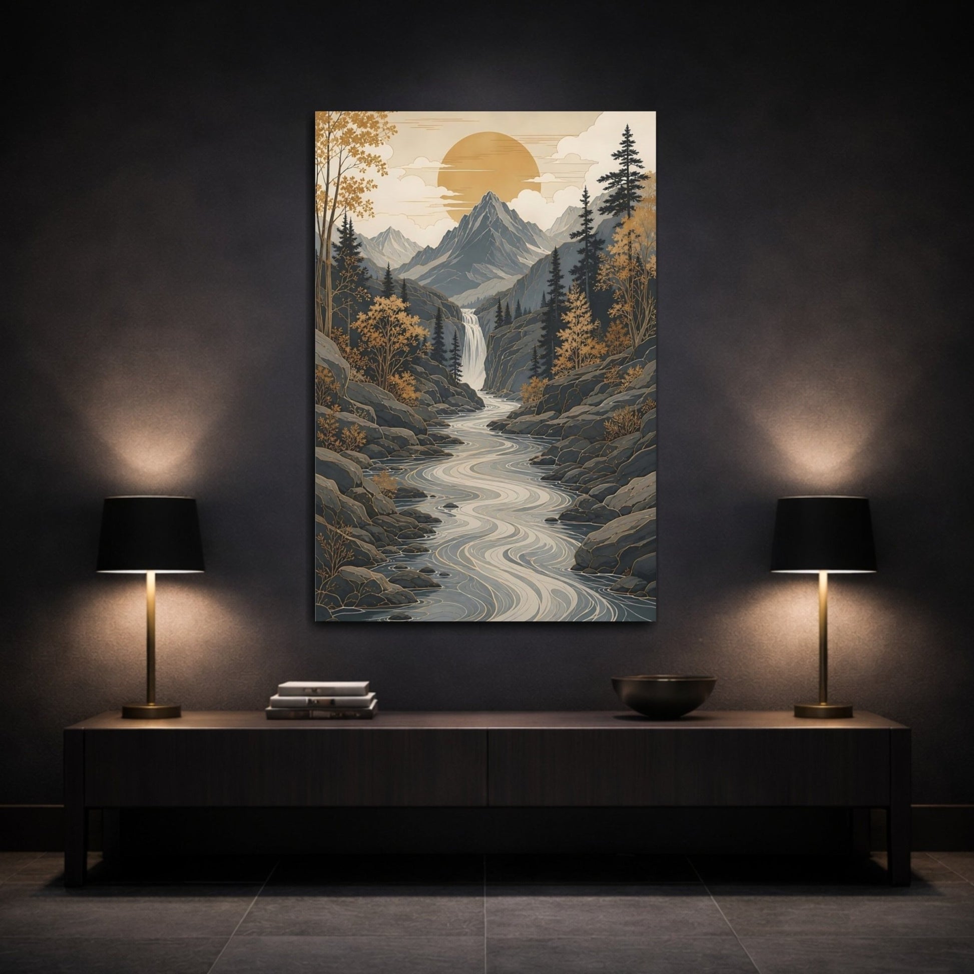 Nature Mountain Valley Grey Gold Landscape Canvas Wall Art Print – modern Living Room, Above Console Table - YesArtYes