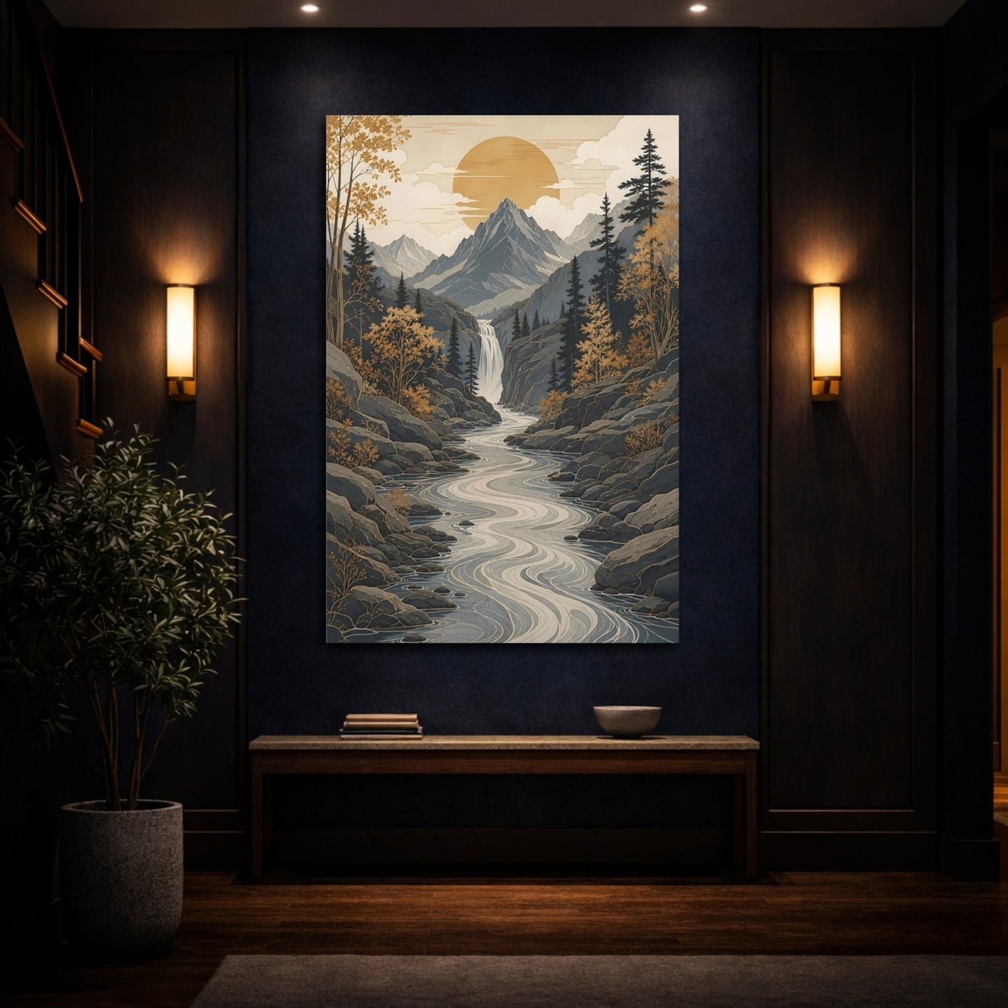 Nature Mountain Valley Grey Gold Landscape Canvas Wall Art Print – modern Living Room, Above Console Table - YesArtYes