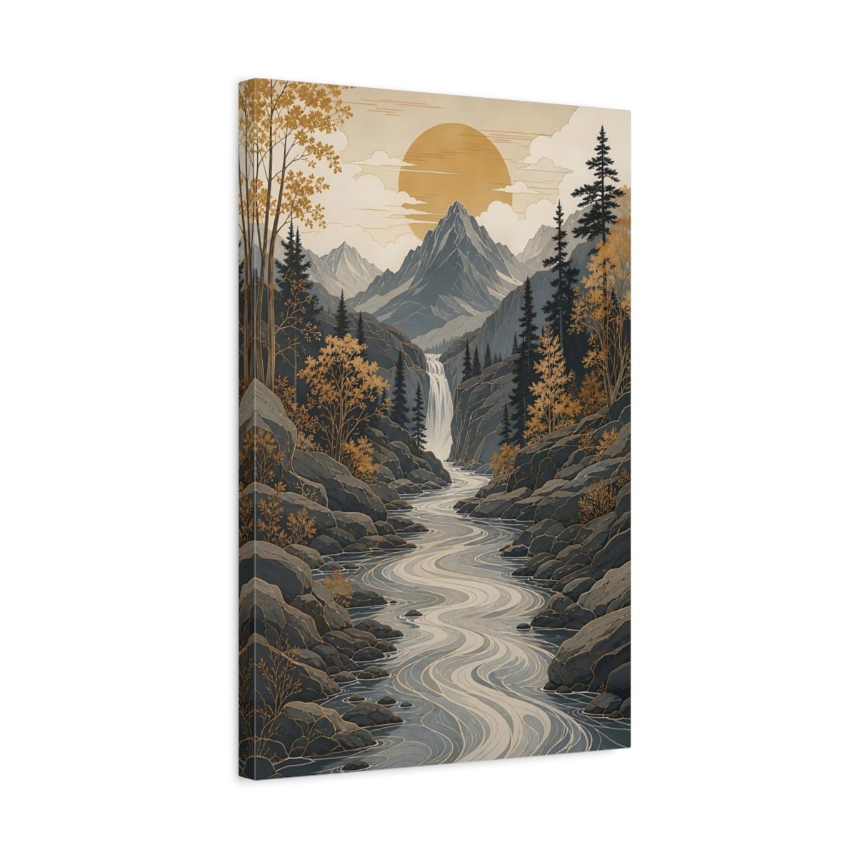 Nature Mountain Valley Grey Gold Landscape Canvas Wall Art Print – modern Living Room, Above Console Table - YesArtYes