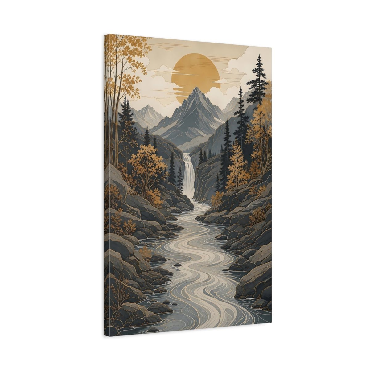 Nature Mountain Valley Grey Gold Landscape Canvas Wall Art Print – modern Living Room, Above Console Table - YesArtYes