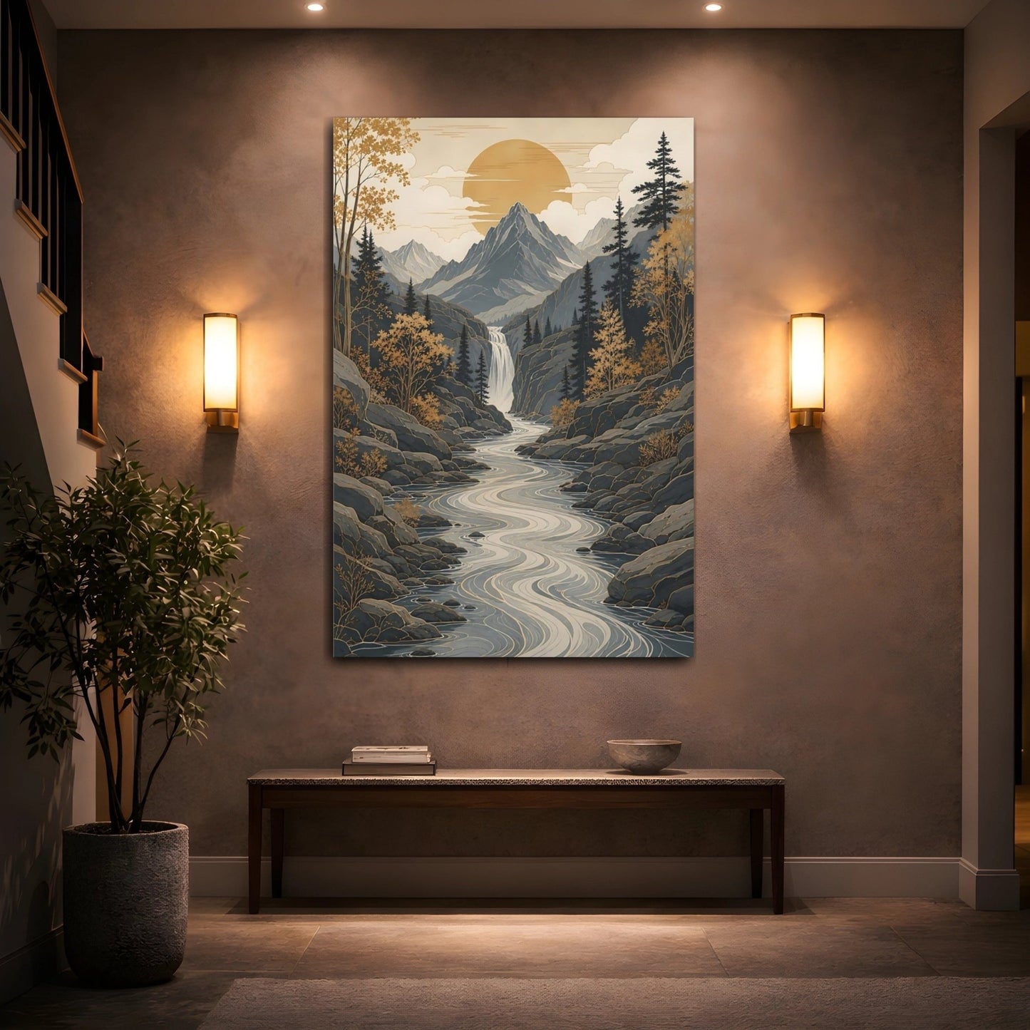 Nature Mountain Valley Grey Gold Landscape Canvas Wall Art Print – modern Living Room, Above Console Table - YesArtYes