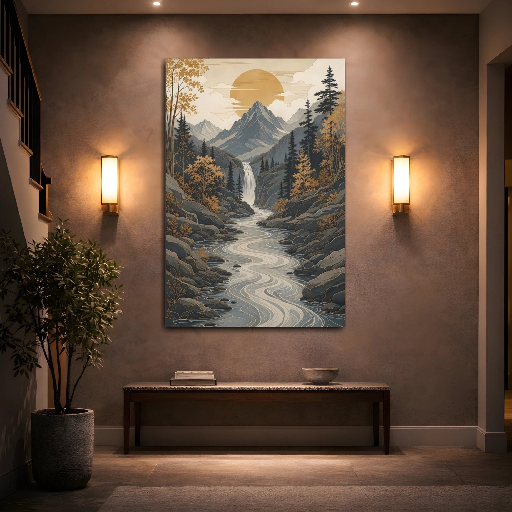 Nature Mountain Valley Grey Gold Landscape Canvas Wall Art Print – modern Living Room, Above Console Table - YesArtYes