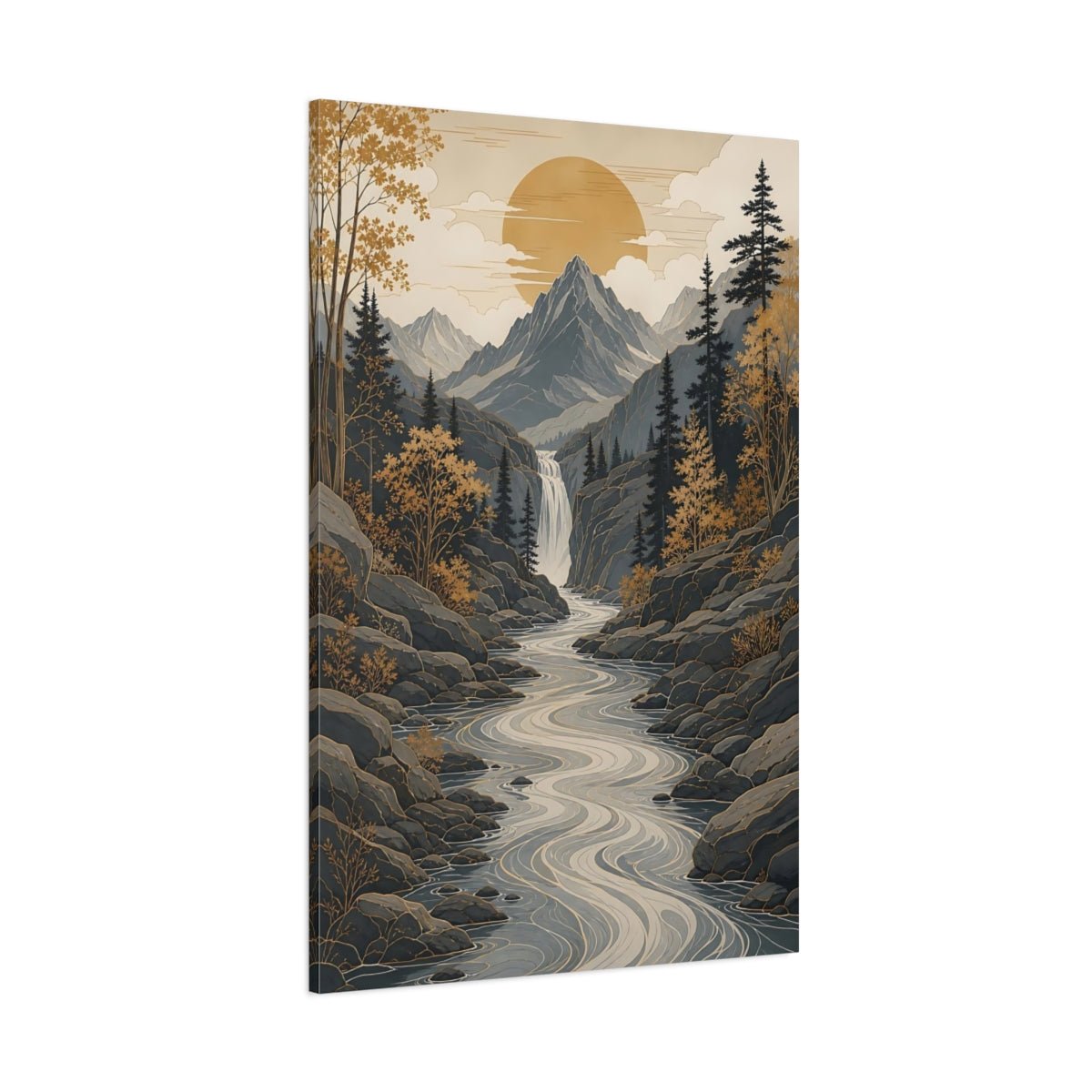 Nature Mountain Valley Grey Gold Landscape Canvas Wall Art Print – modern Living Room, Above Console Table - YesArtYes