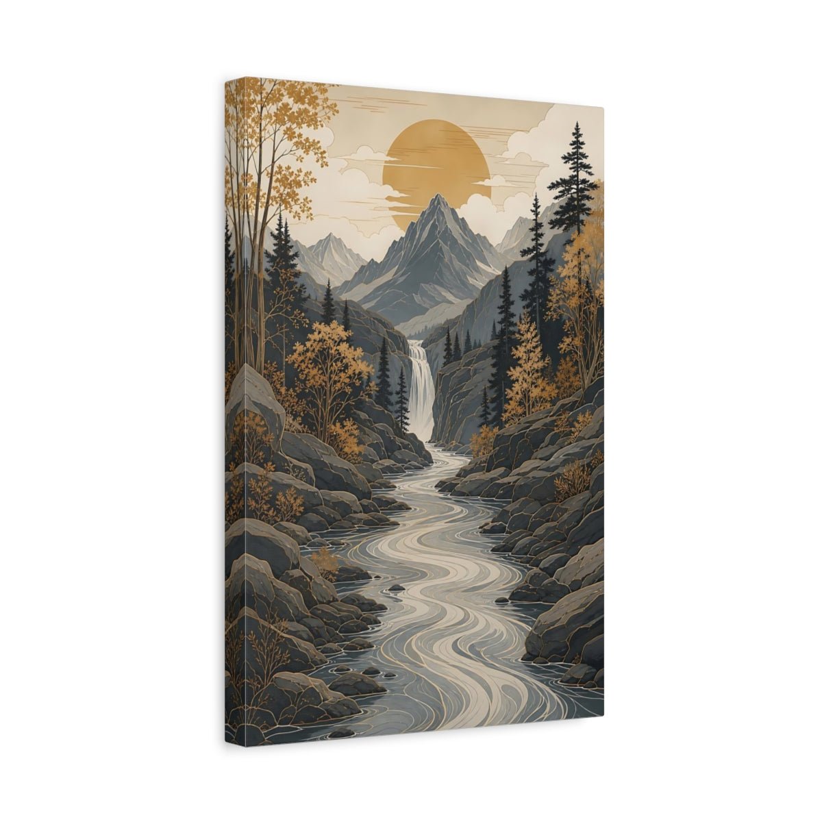 Nature Mountain Valley Grey Gold Landscape Canvas Wall Art Print – modern Living Room, Above Console Table - YesArtYes