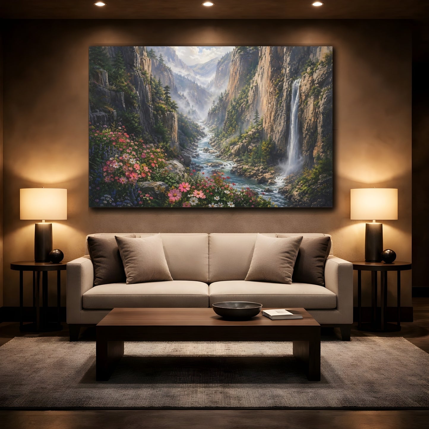 Mockup 2. Nature Mountain Valley Lush Green Valley shown as stretched canvas wall art