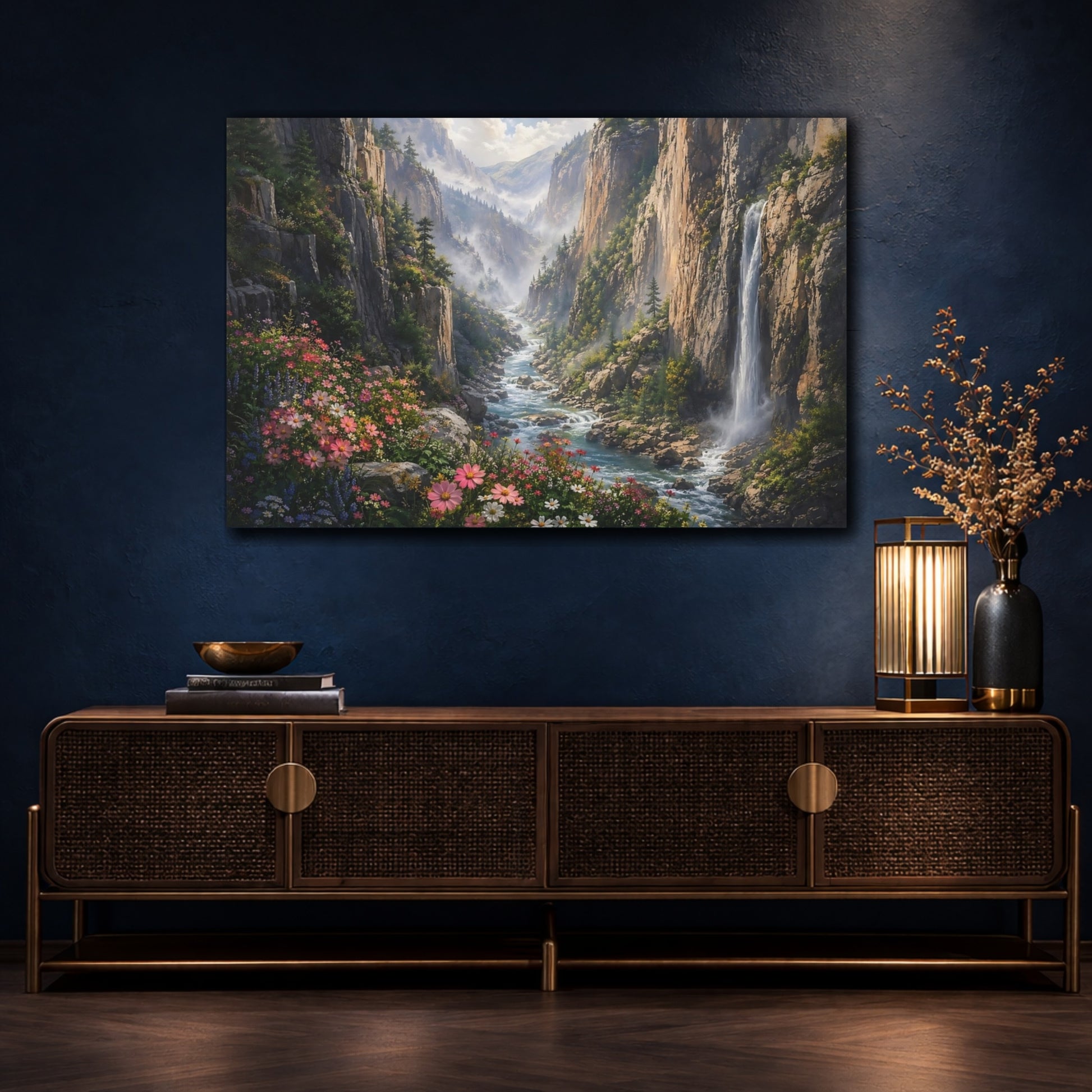 Mockup 4. Nature Mountain Valley Lush Green Valley shown as stretched canvas wall art