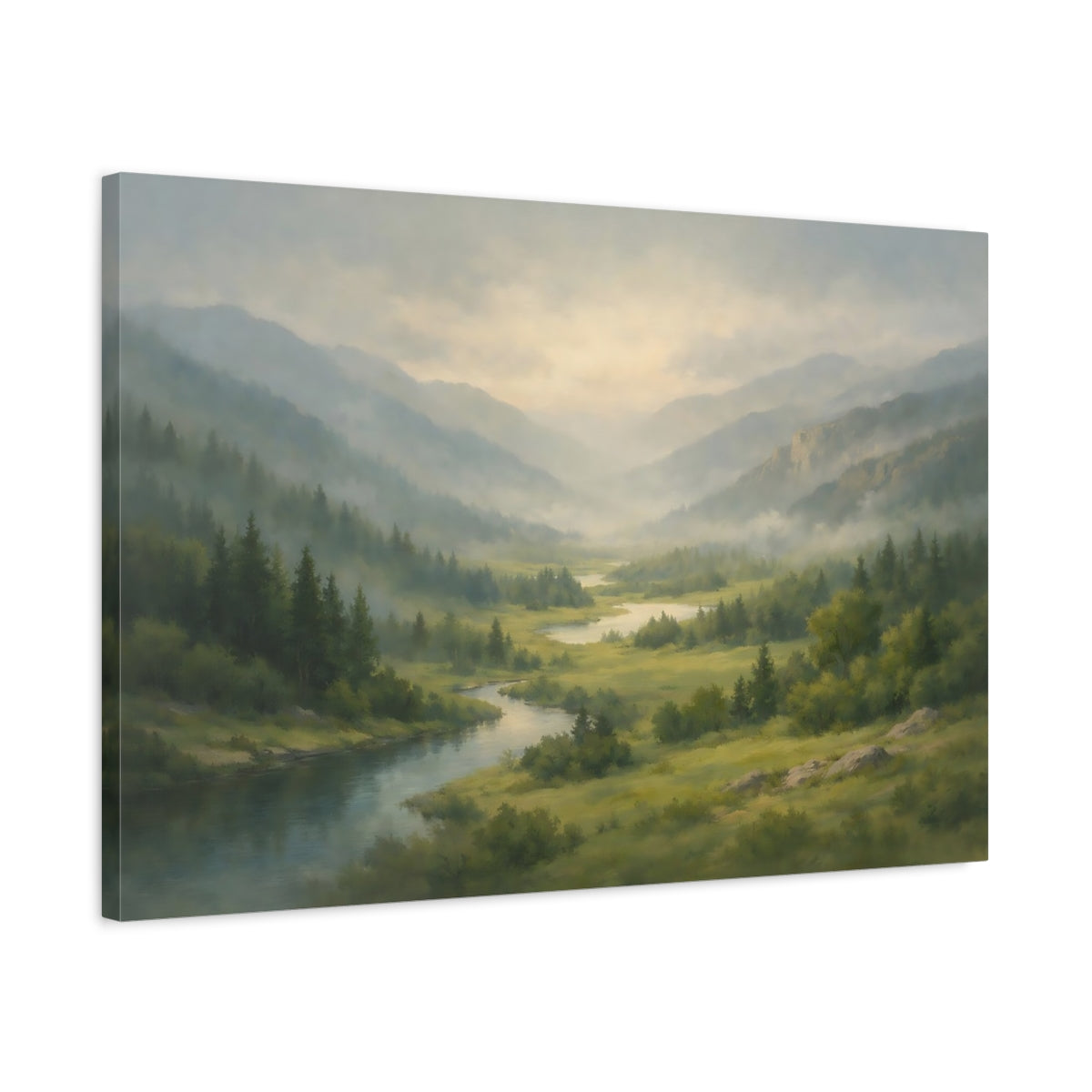 Side Mockup 2. Nature Mountain Valley Misty Mountain Valley shown as stretched canvas wall art